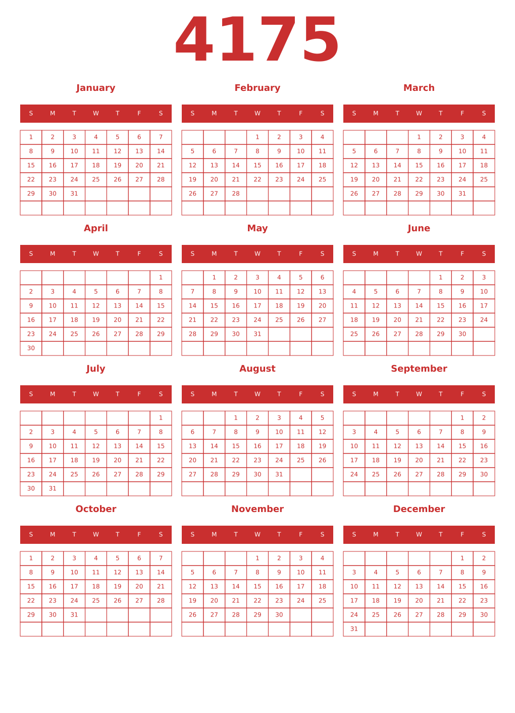 Printable 4175 Year Calendars red