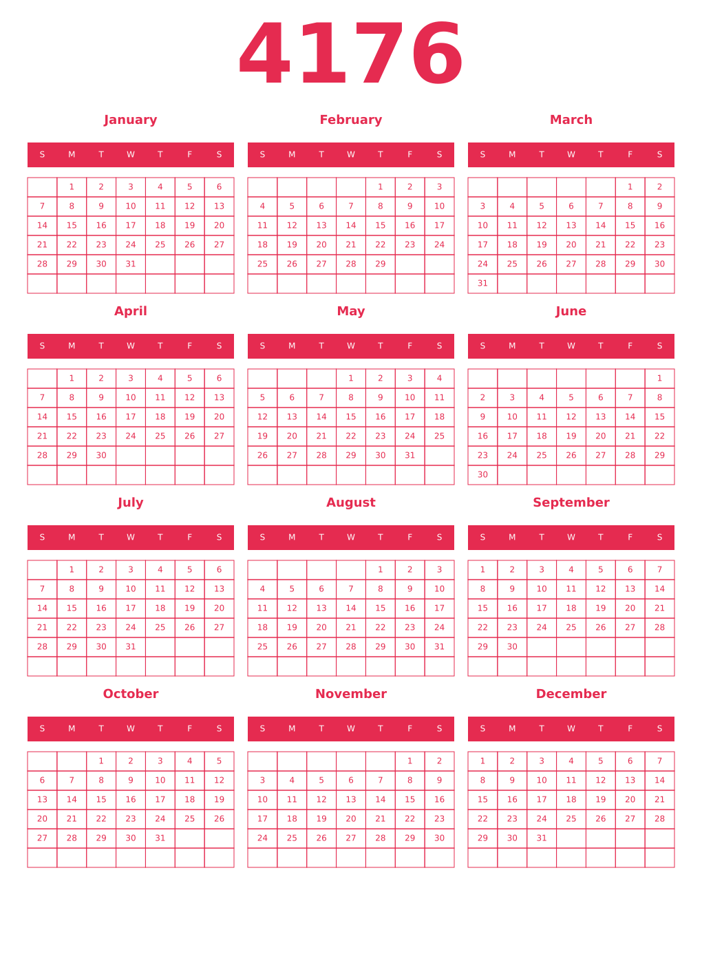 Printable 4176 Year Calendars amaranth