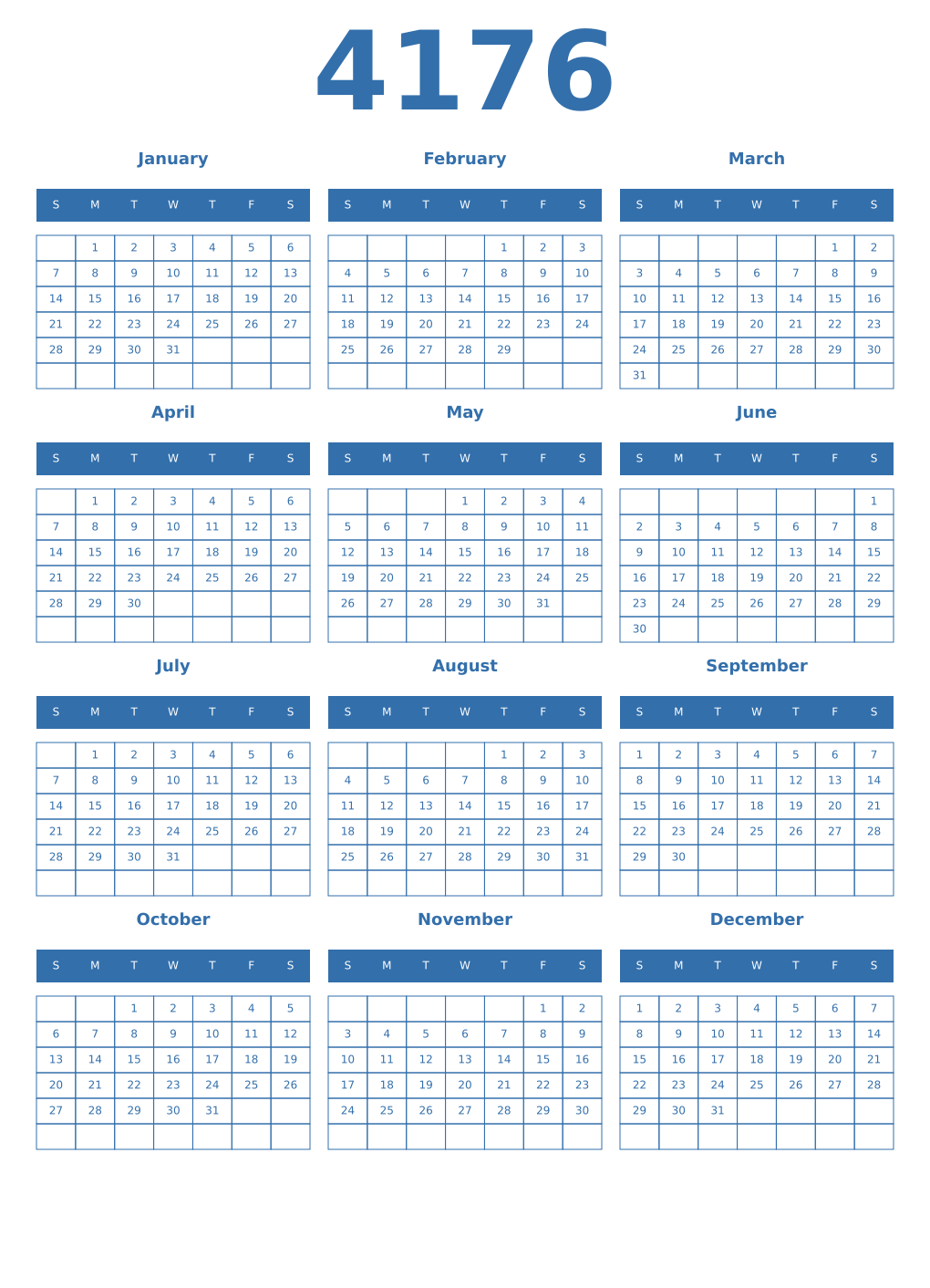 Printable 4176 Year Calendars blue