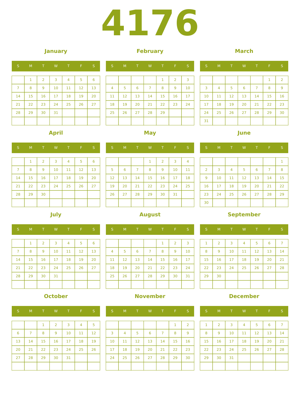 Printable 4176 Year Calendars chartreuse