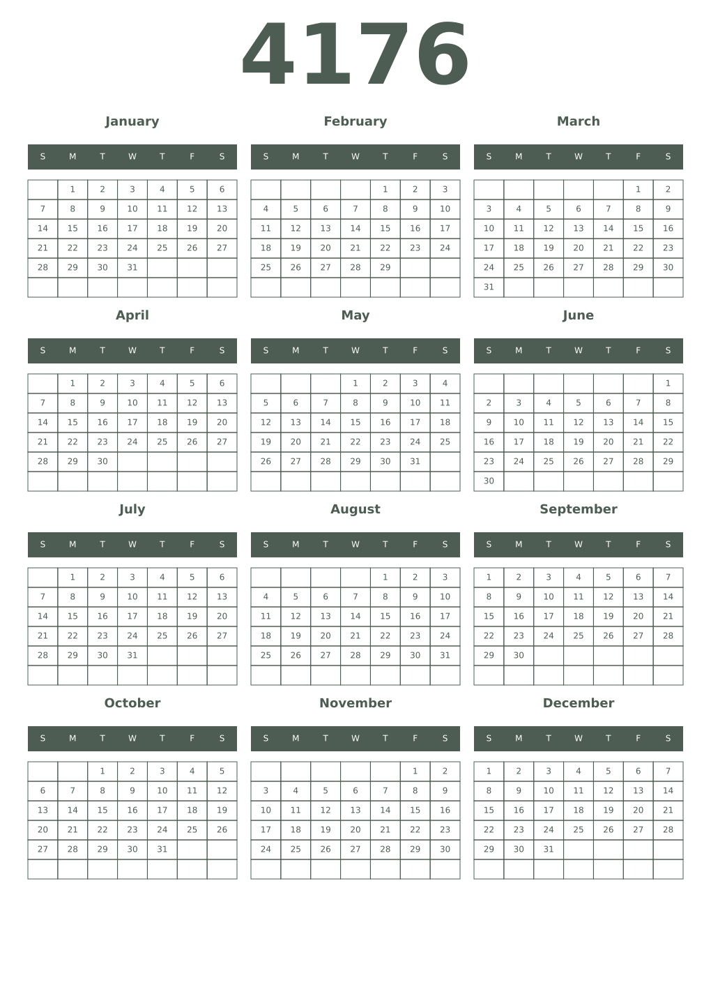 Printable 4176 Year Calendars feldgrau