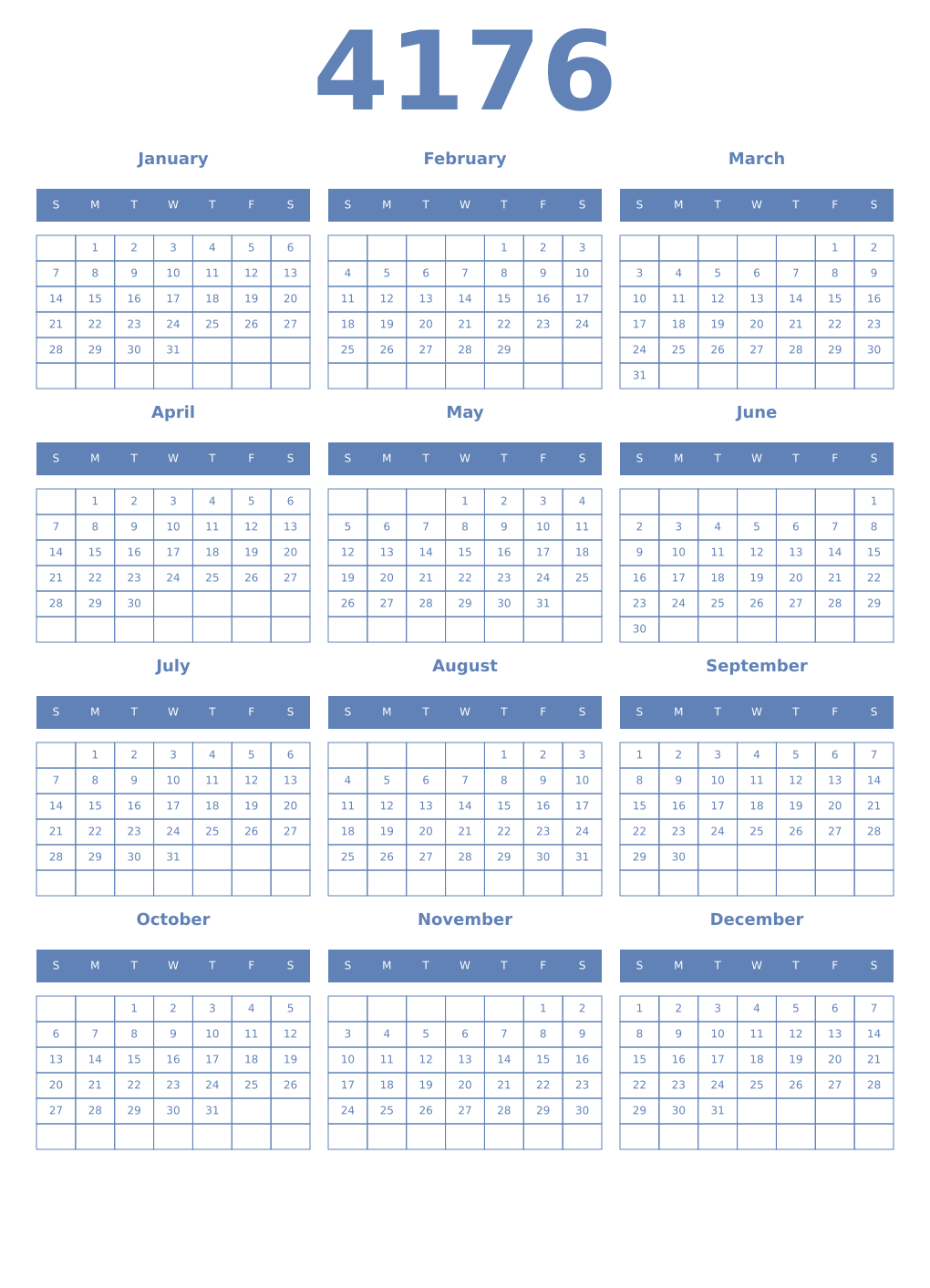 Printable 4176 Year Calendars glaucous