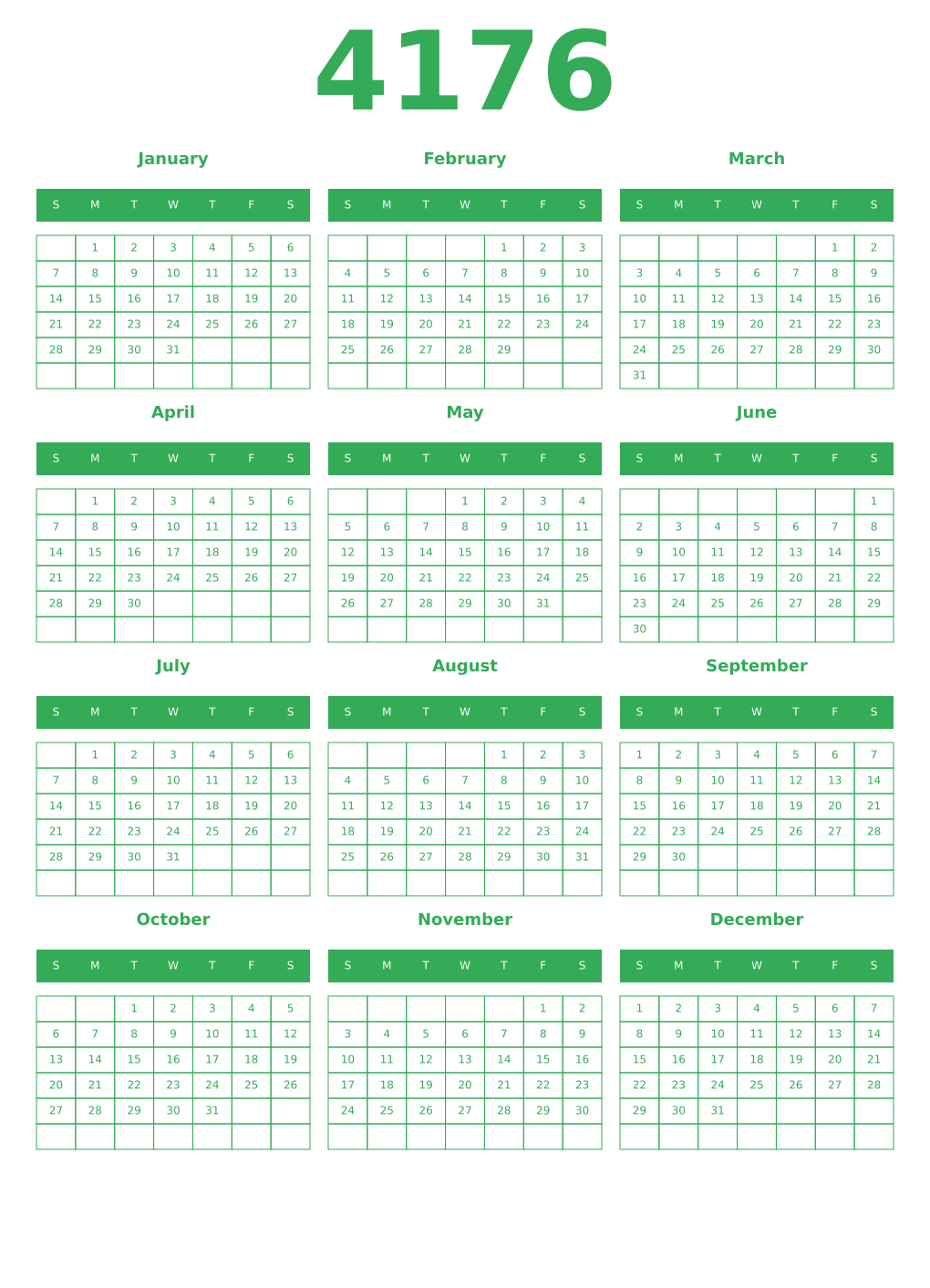Printable 4176 Year Calendars green