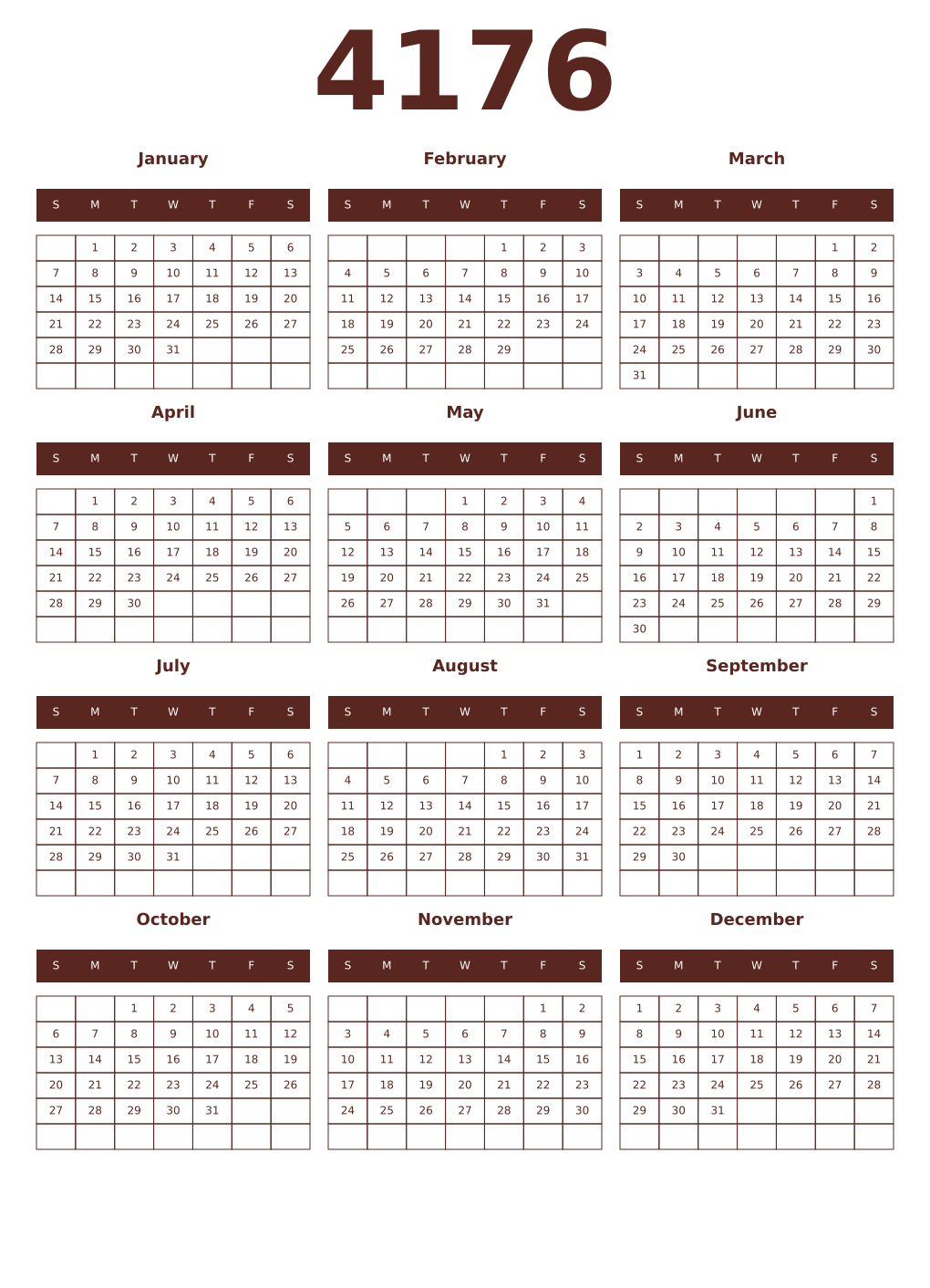 Printable 4176 Year Calendars mortuum