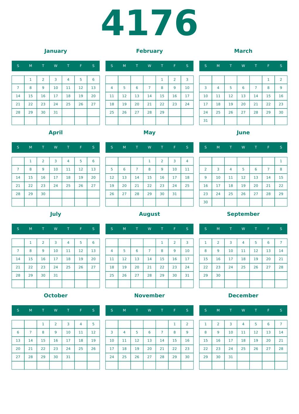 Printable 4176 Year Calendars pastel