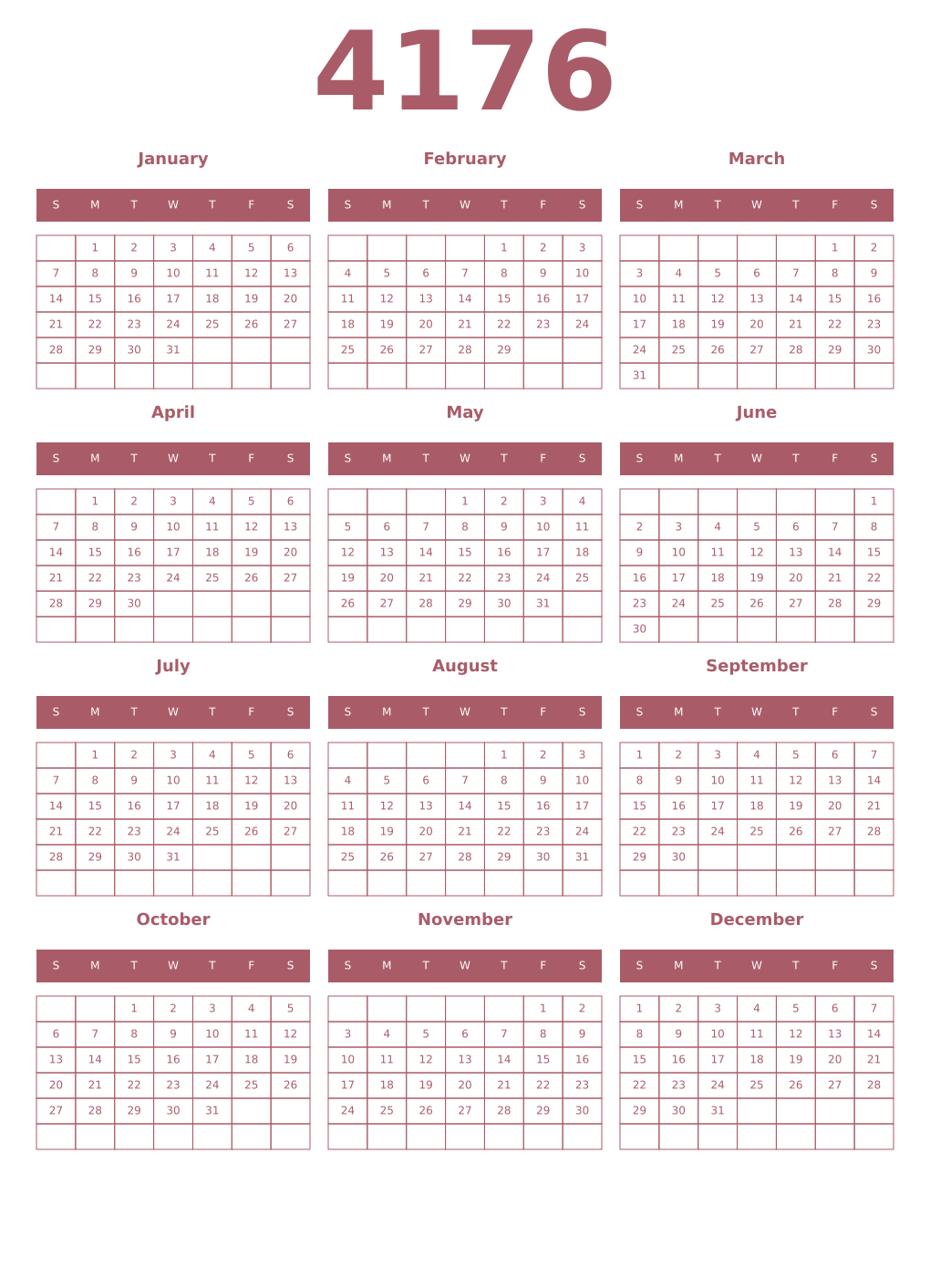 Printable 4176 Year Calendars puce