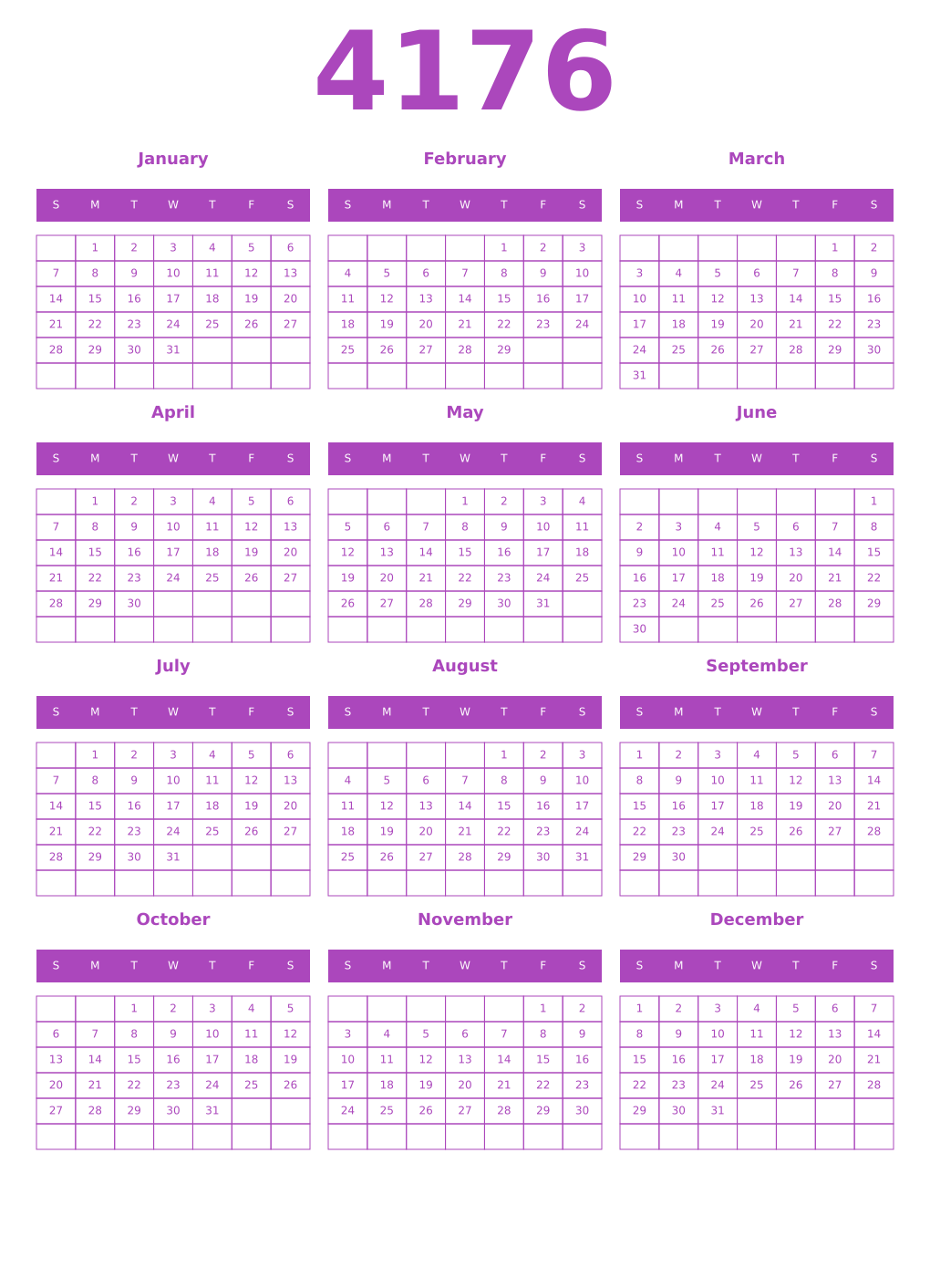 Printable 4176 Year Calendars purple