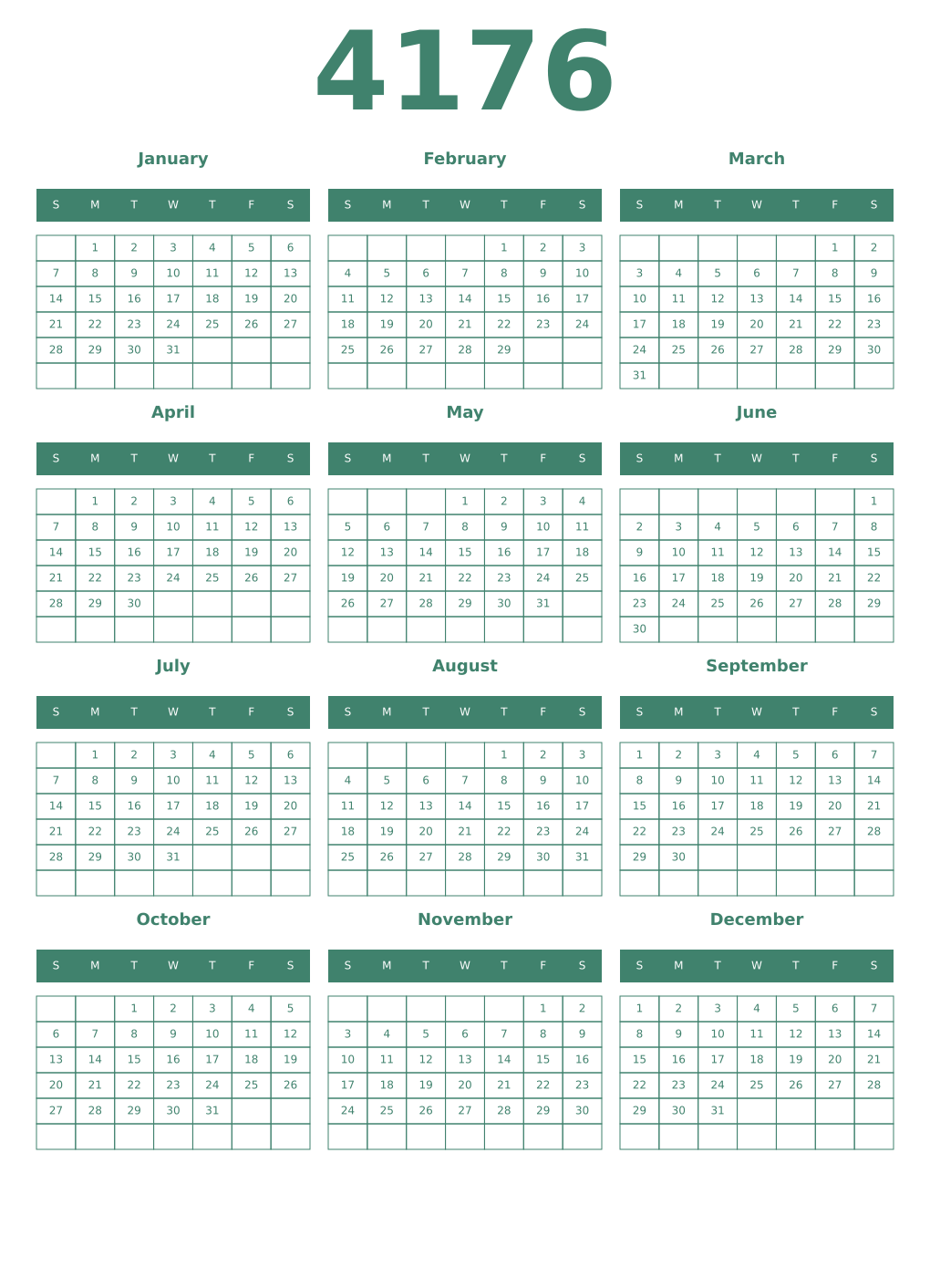 Printable 4176 Year Calendars viridian
