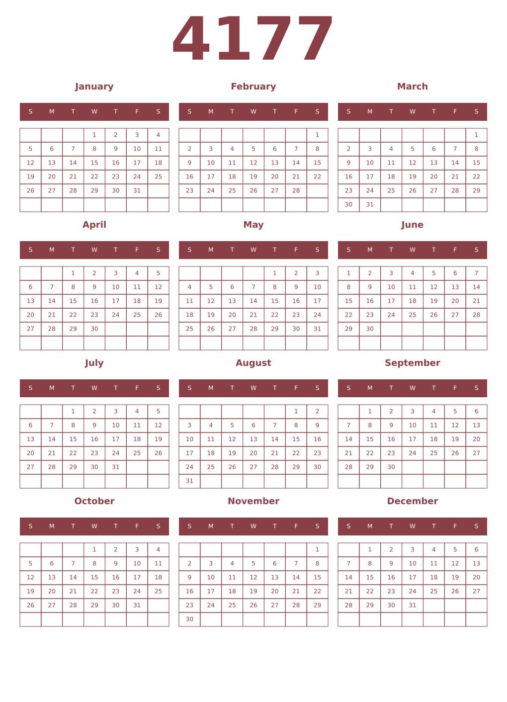 Printable 4177 Year Calendars cordovan