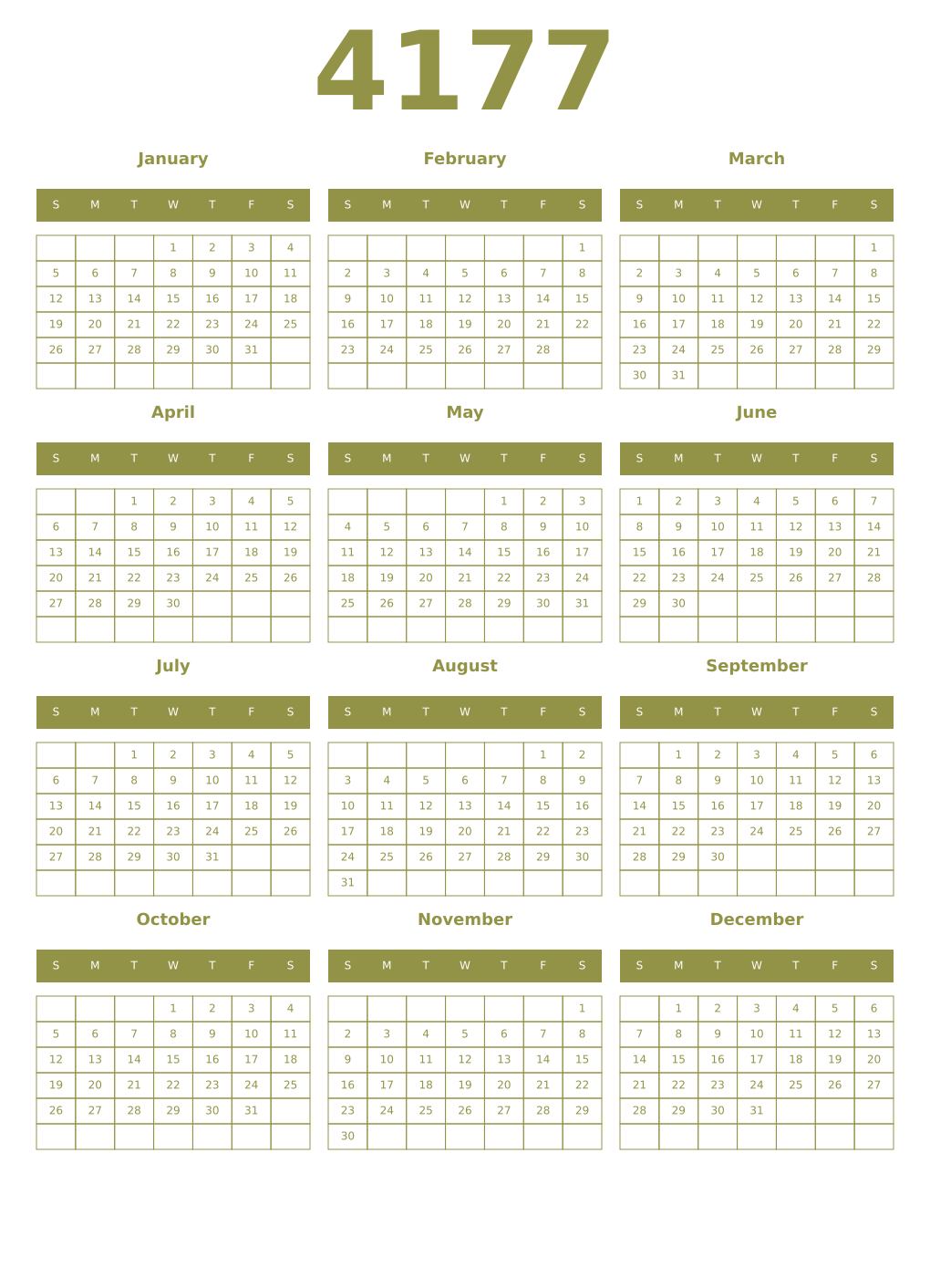 Printable 4177 Year Calendars eburnean