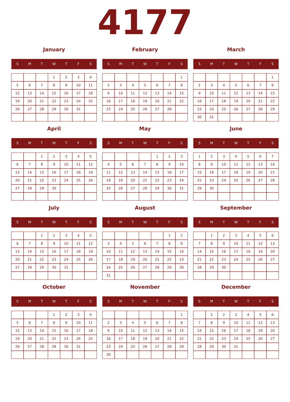 Printable 4177 Year Calendars falu
