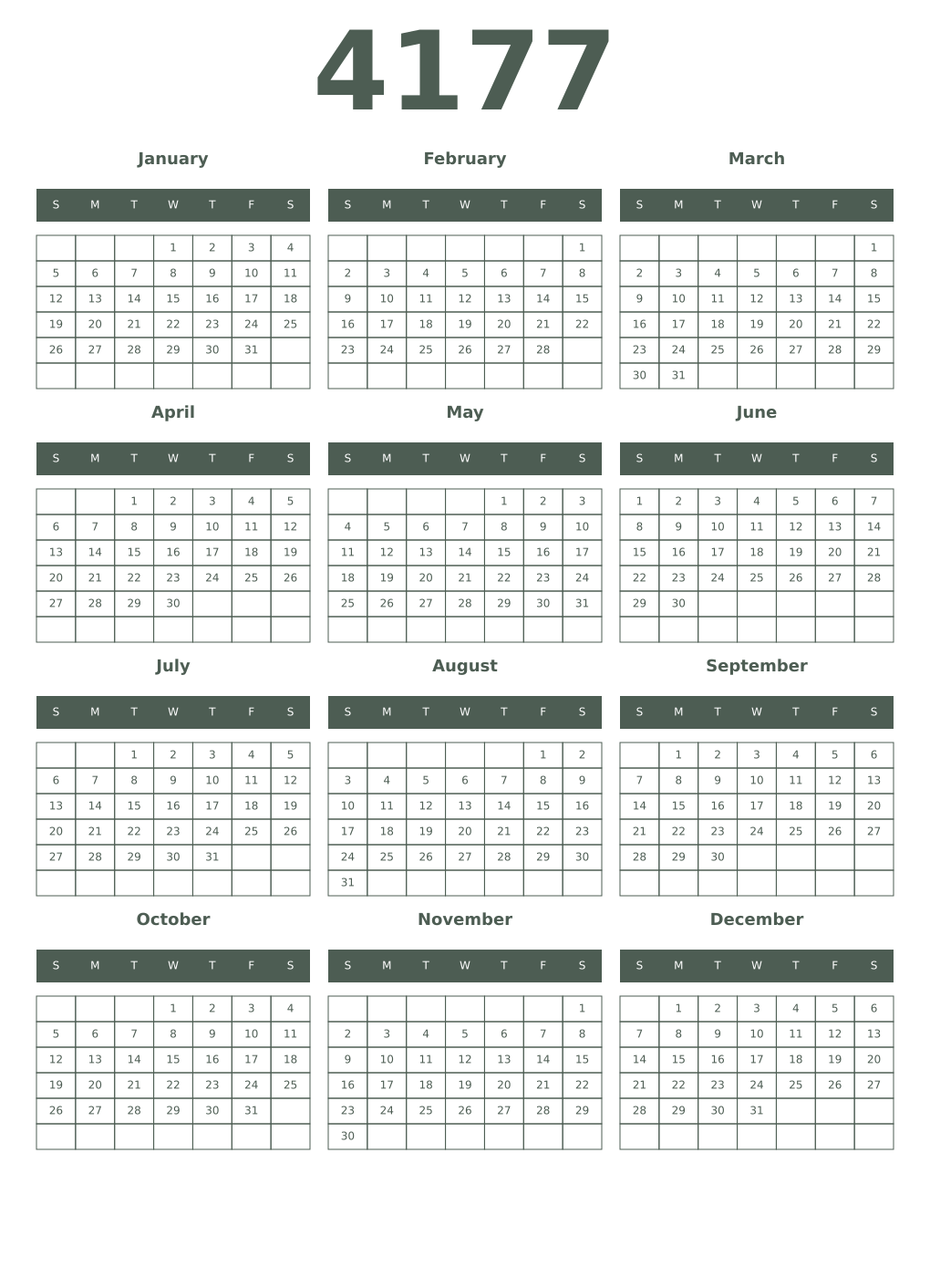Printable 4177 Year Calendars feldgrau