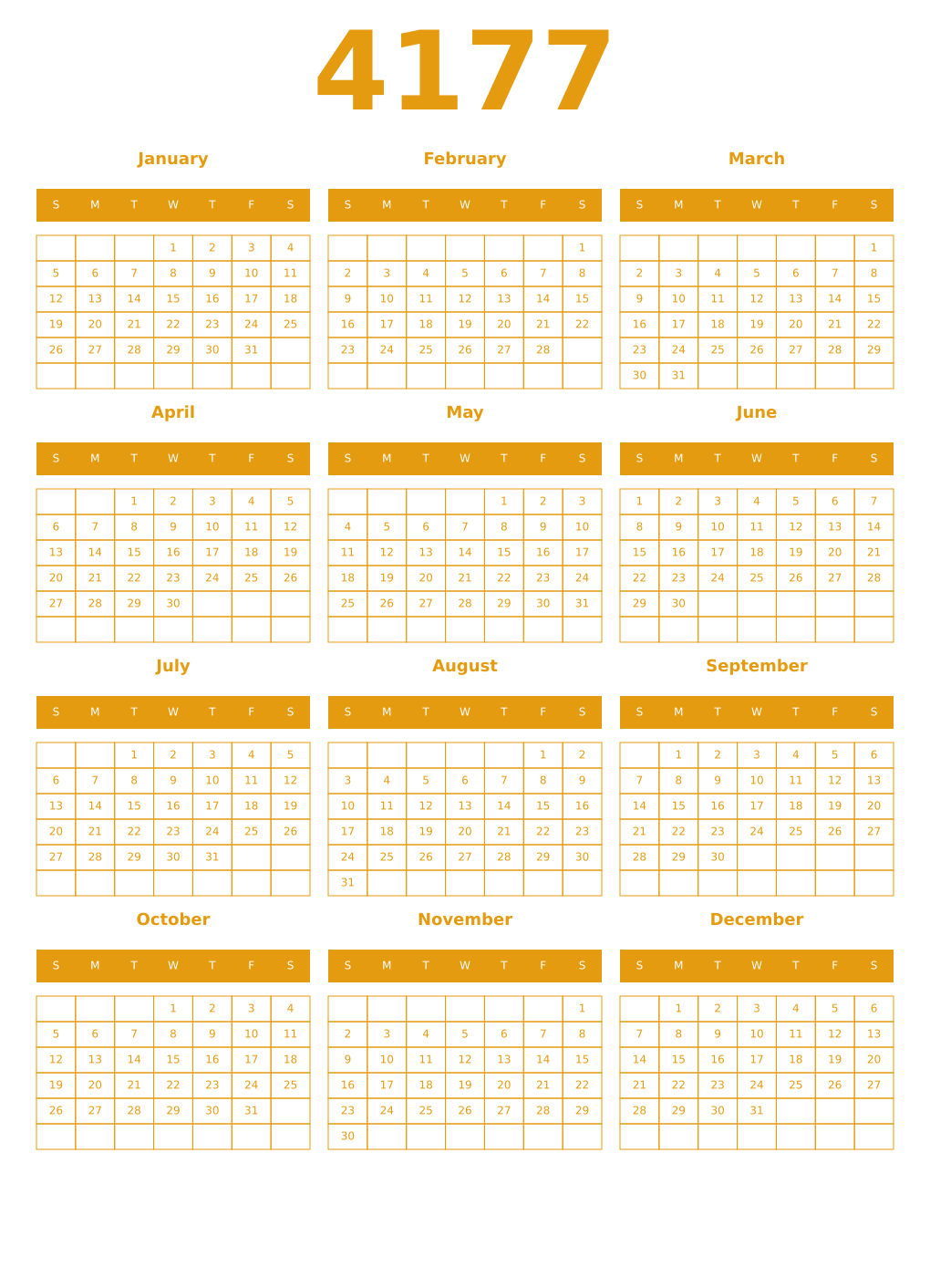 Printable 4177 Year Calendars gamboge