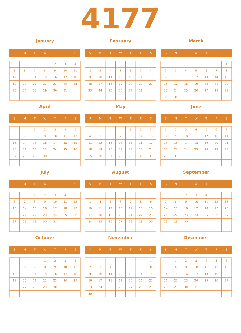 Printable 4177 Year Calendars orange