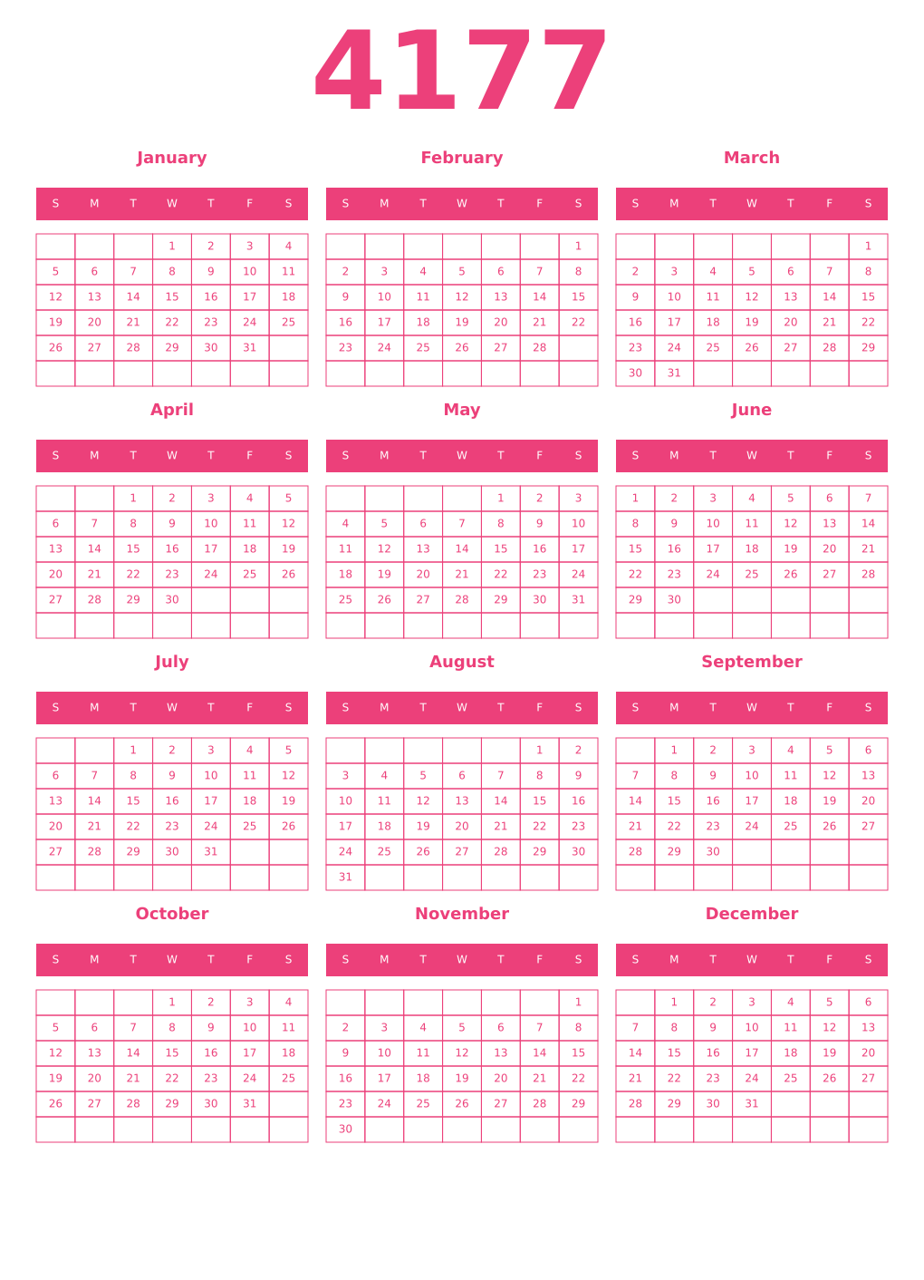 Printable 4177 Year Calendars pink