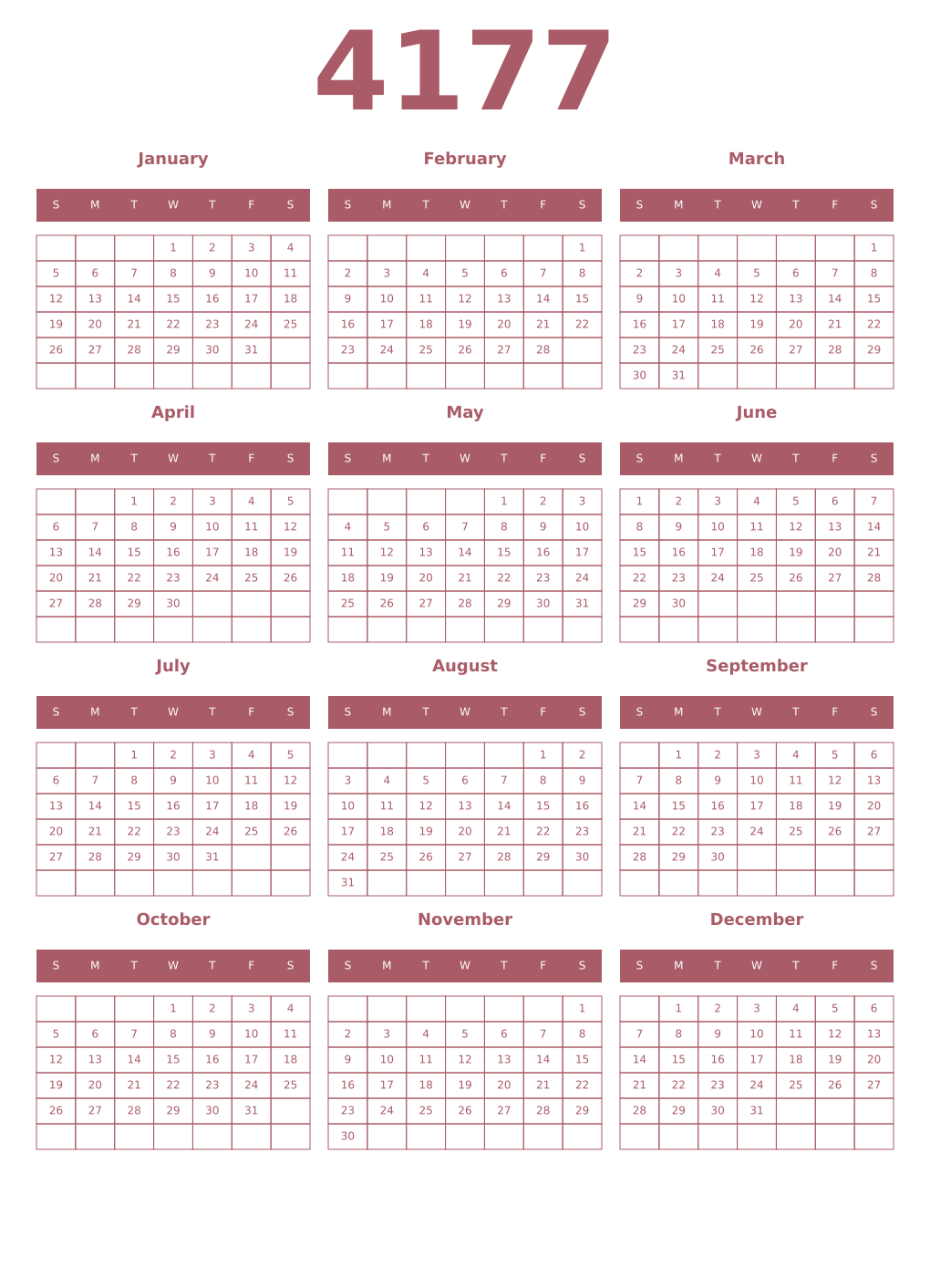 Printable 4177 Year Calendars puce