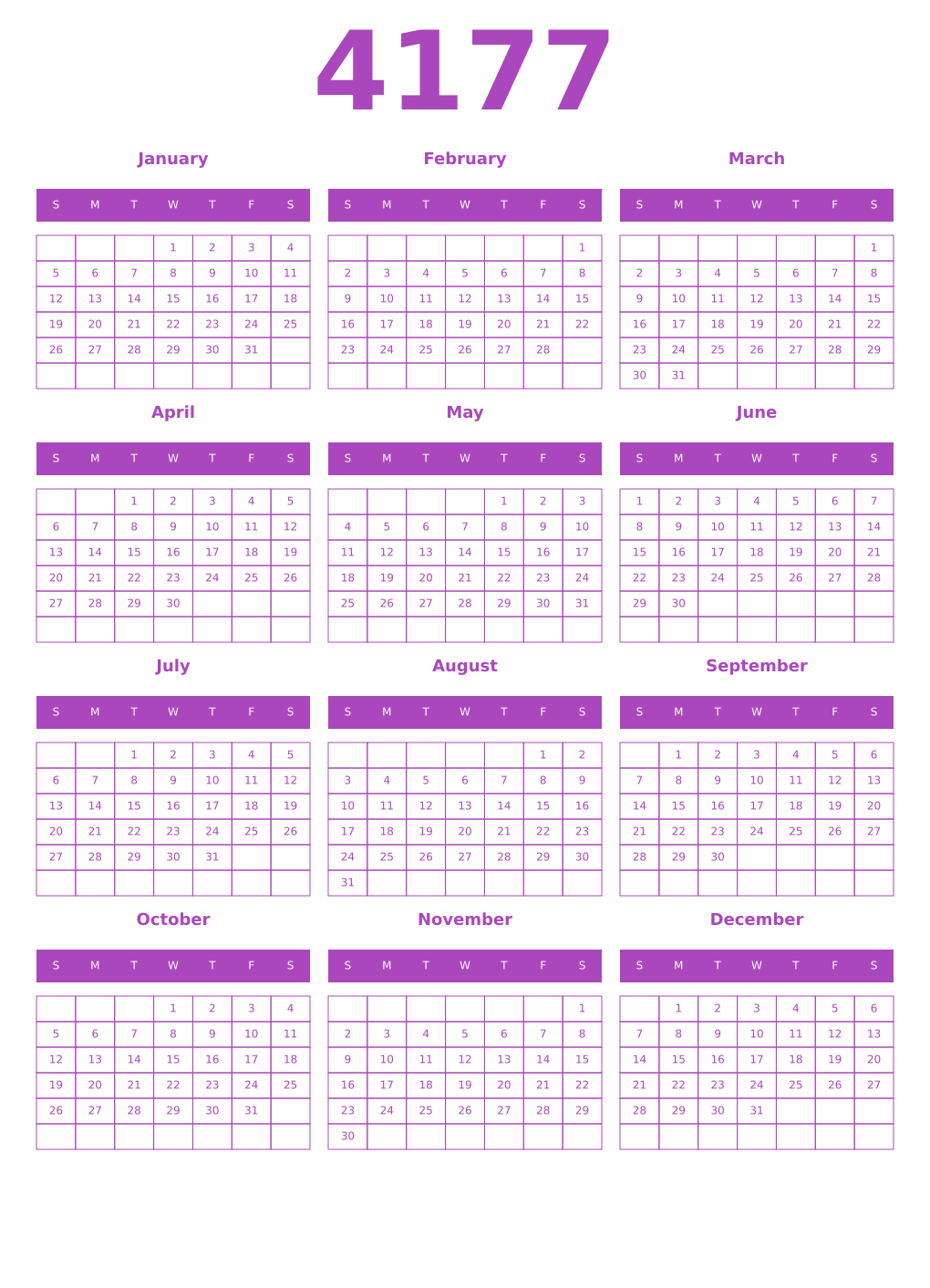 Printable 4177 Year Calendars purple