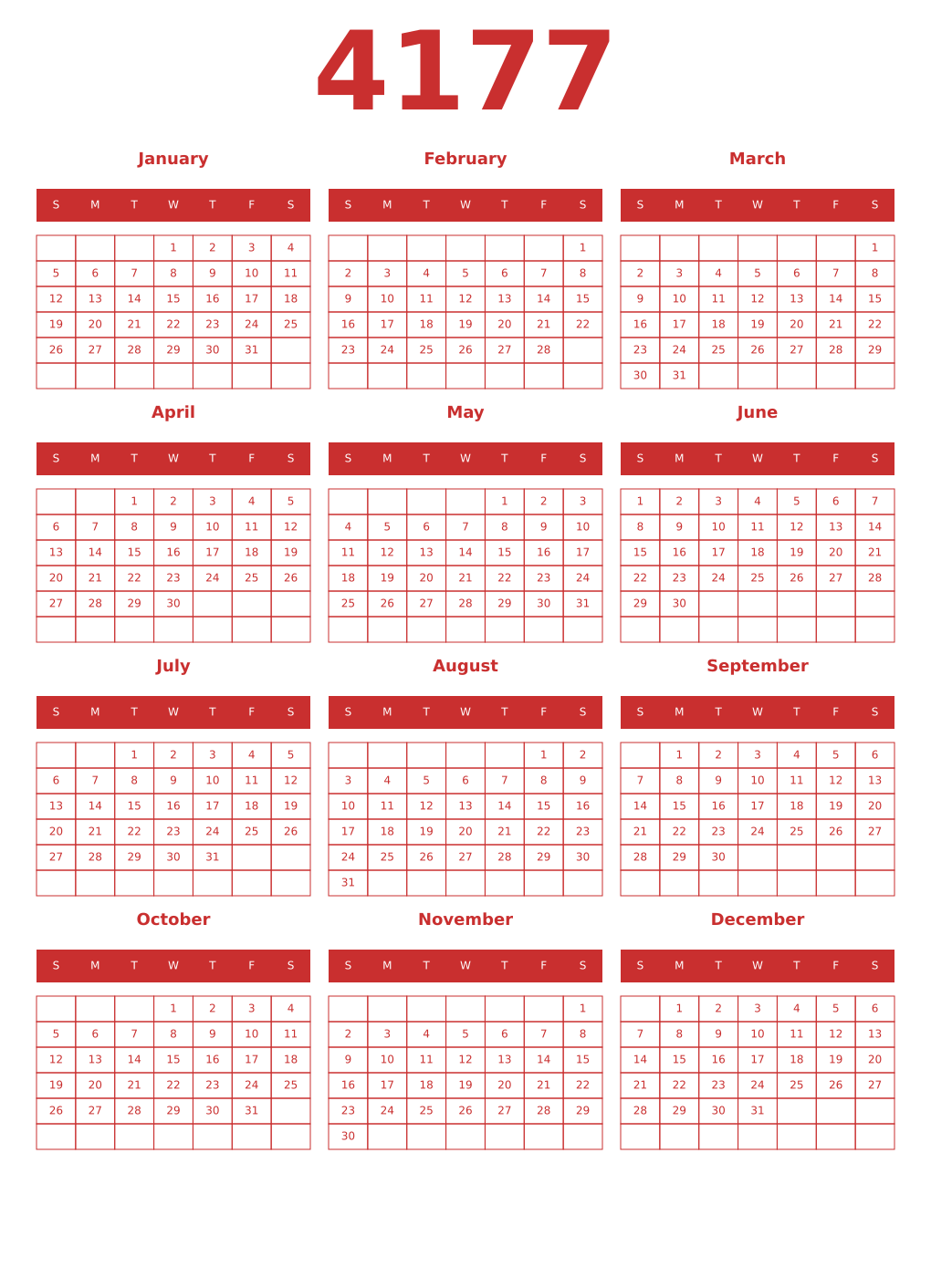 Printable 4177 Year Calendars red