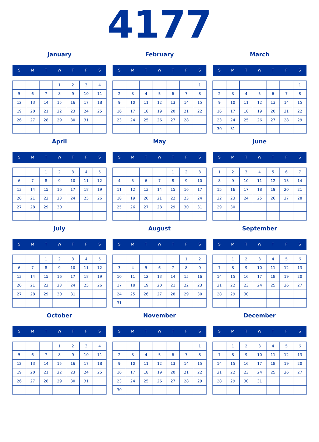 Printable 4177 Year Calendars smalt