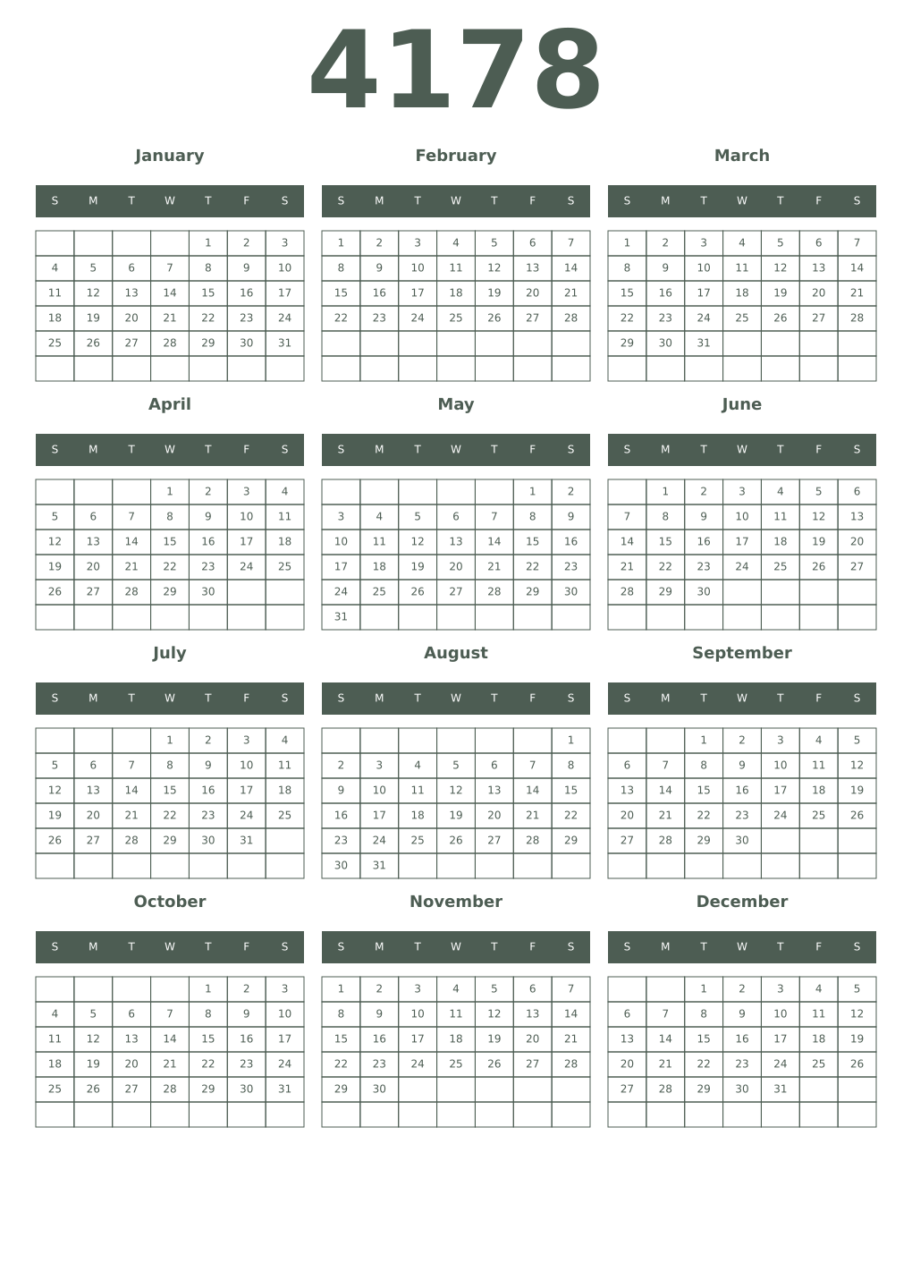 Printable 4178 Year Calendars feldgrau