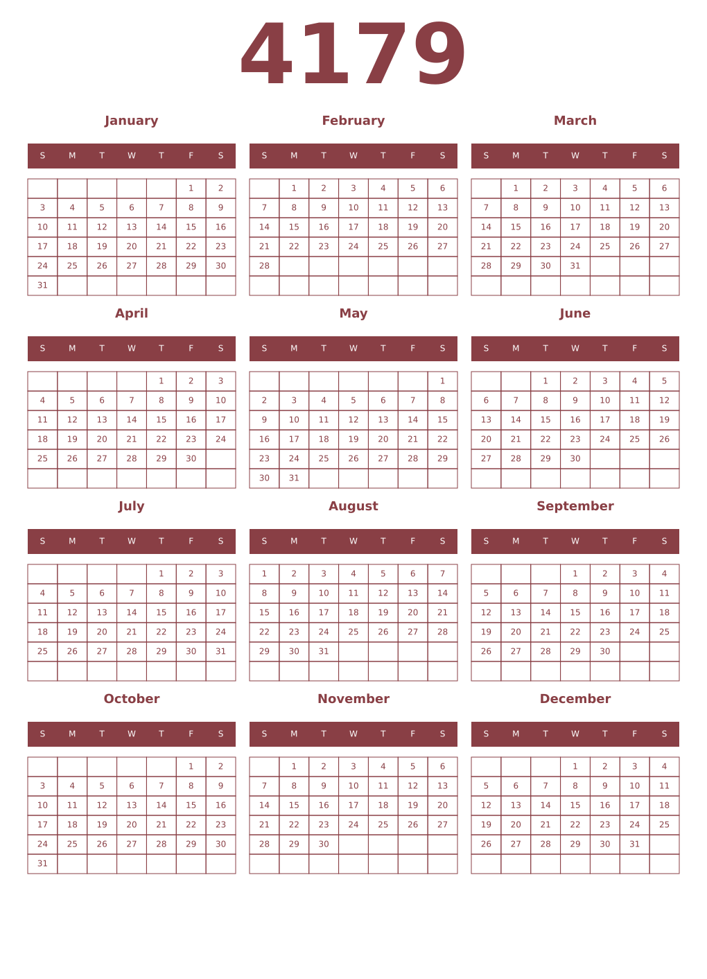 Printable 4179 Year Calendars cordovan