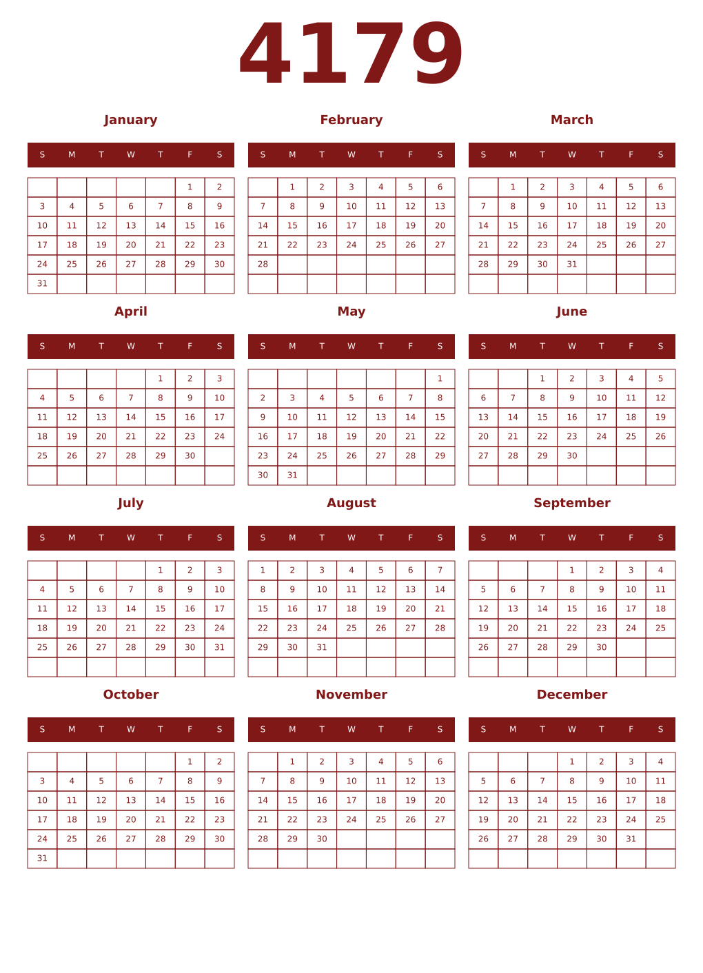 Printable 4179 Year Calendars falu