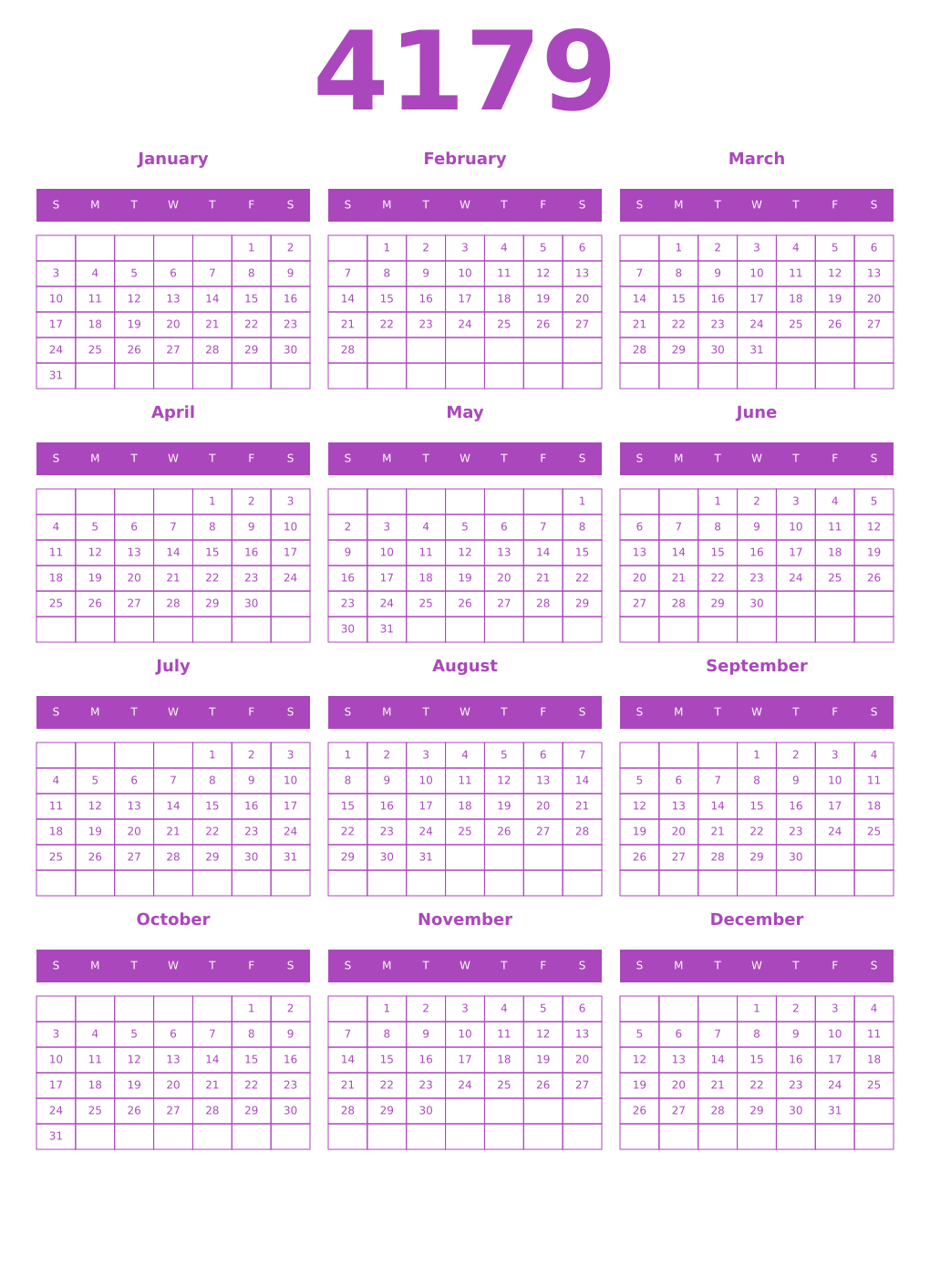 Printable 4179 Year Calendars purple