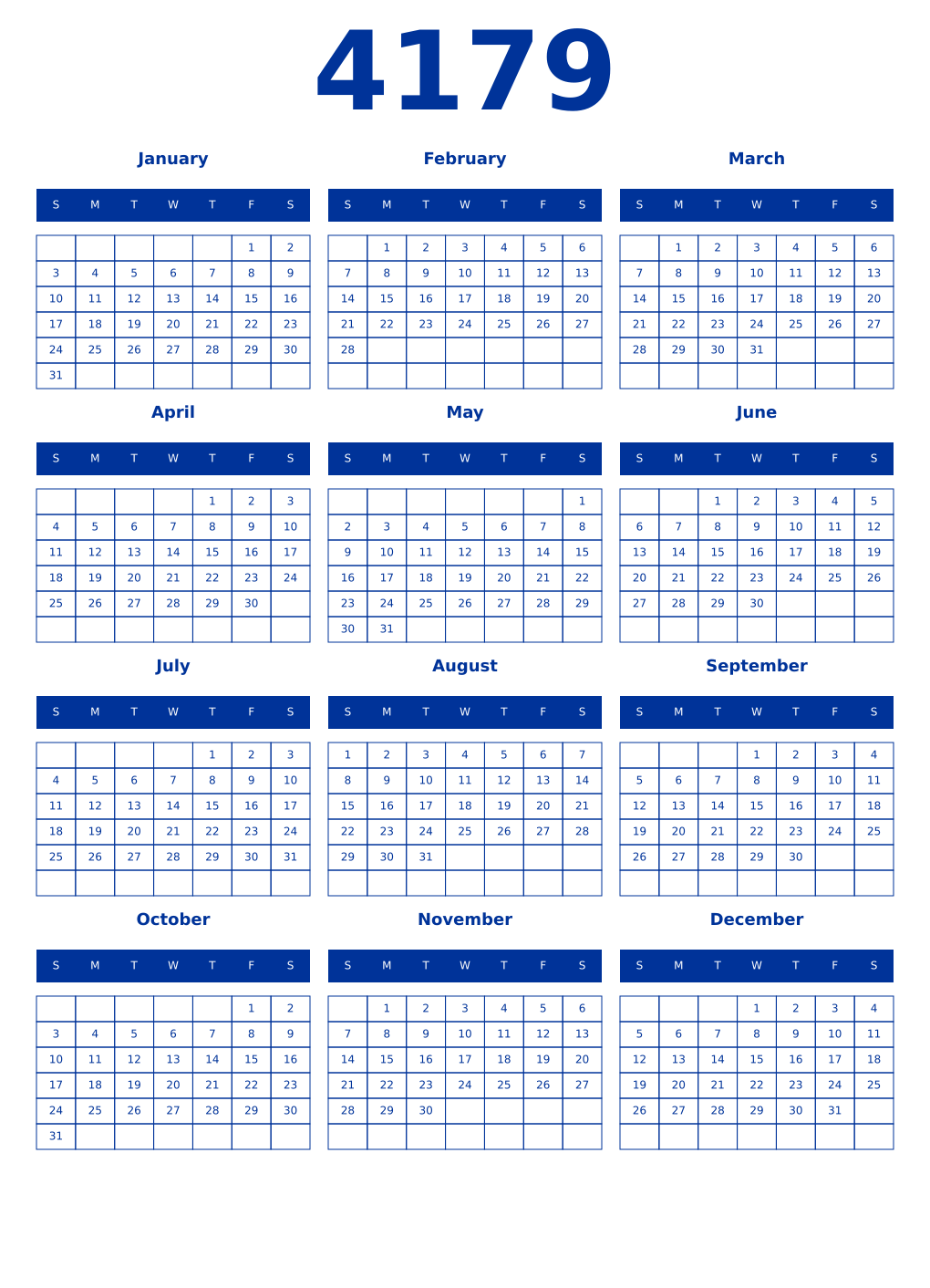 Printable 4179 Year Calendars smalt