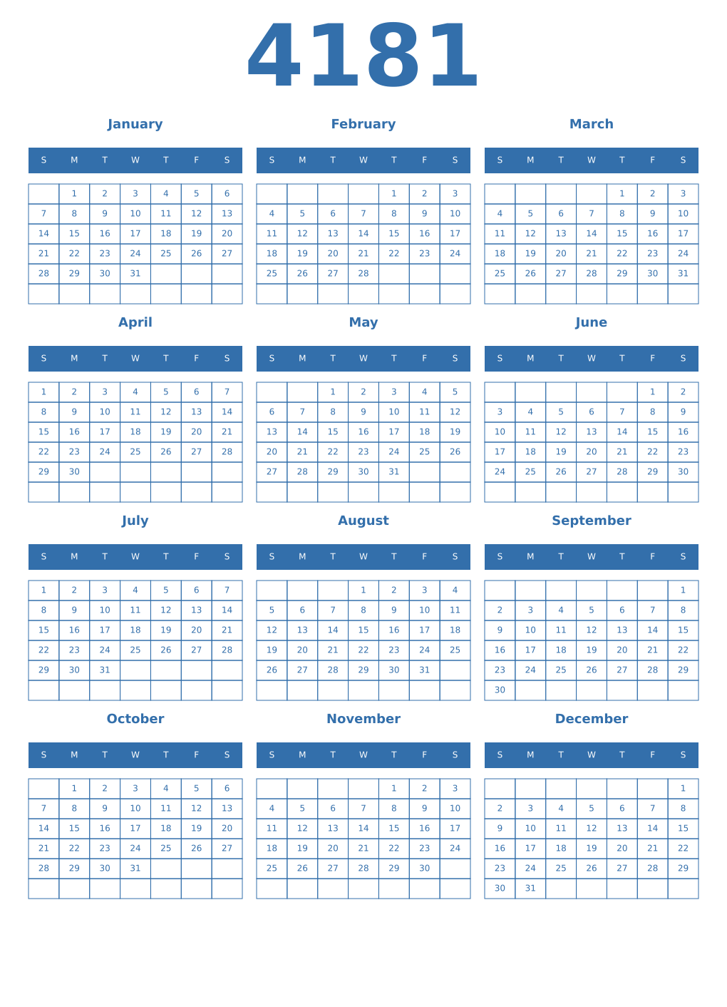 Printable 4181 Year Calendars blue