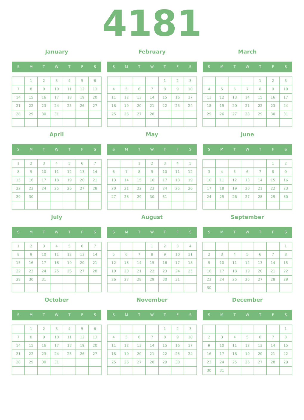 Printable 4181 Year Calendars celadon