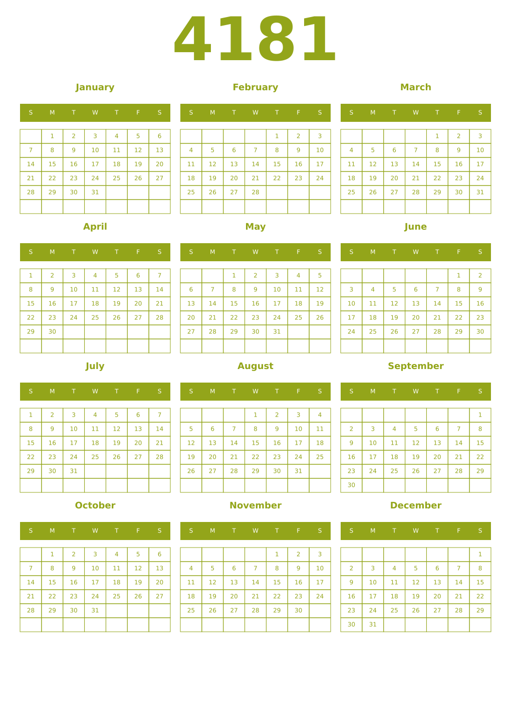 Printable 4181 Year Calendars chartreuse