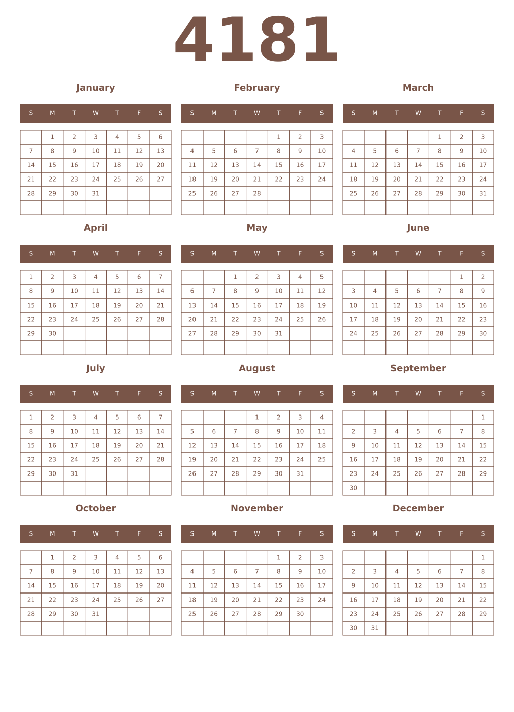 Printable 4181 Year Calendars coffe