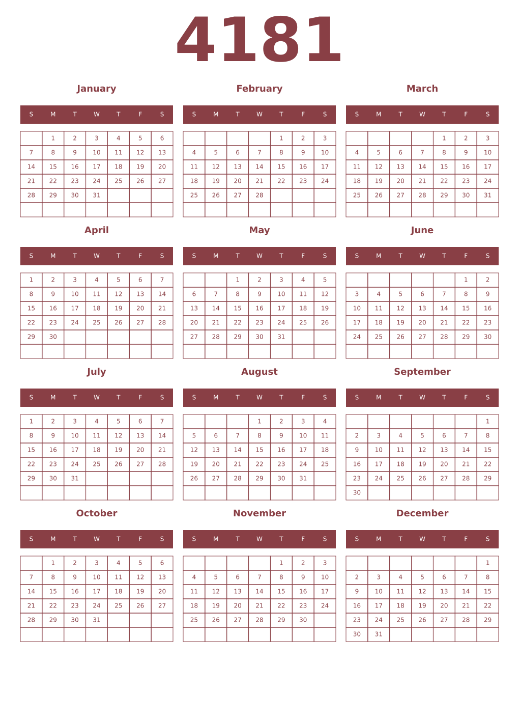 Printable 4181 Year Calendars cordovan