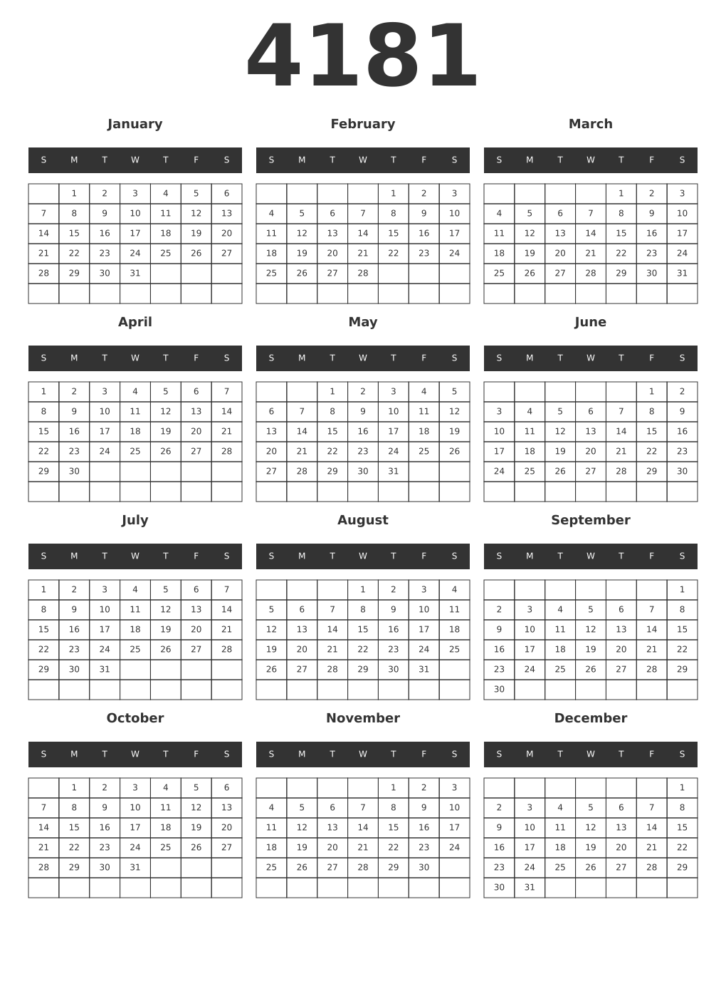 Printable 4181 Year Calendars dark