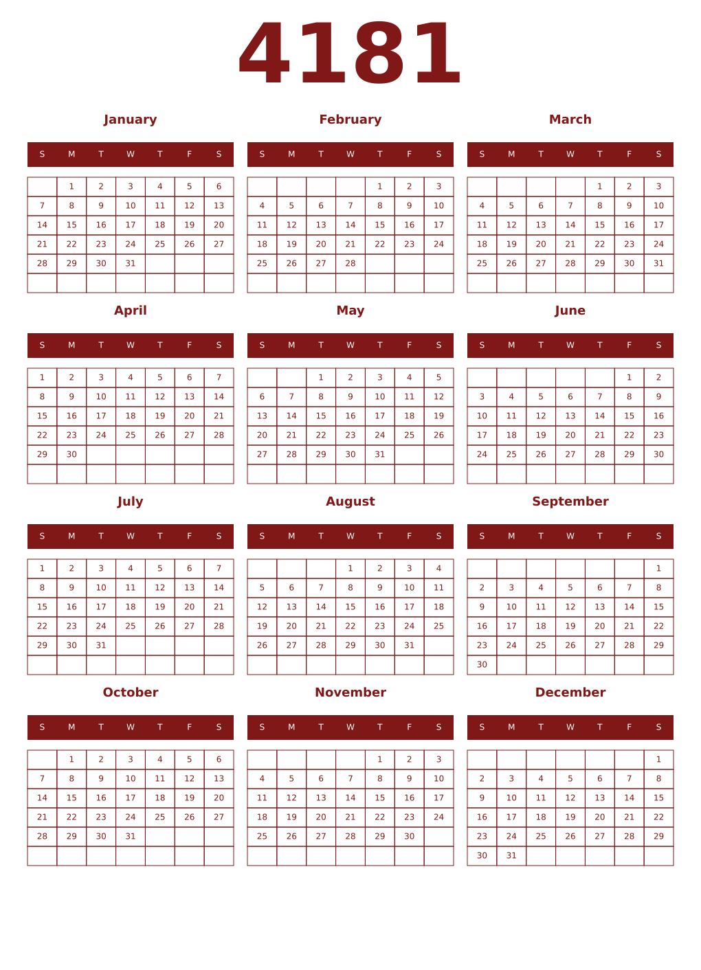 Printable 4181 Year Calendars falu