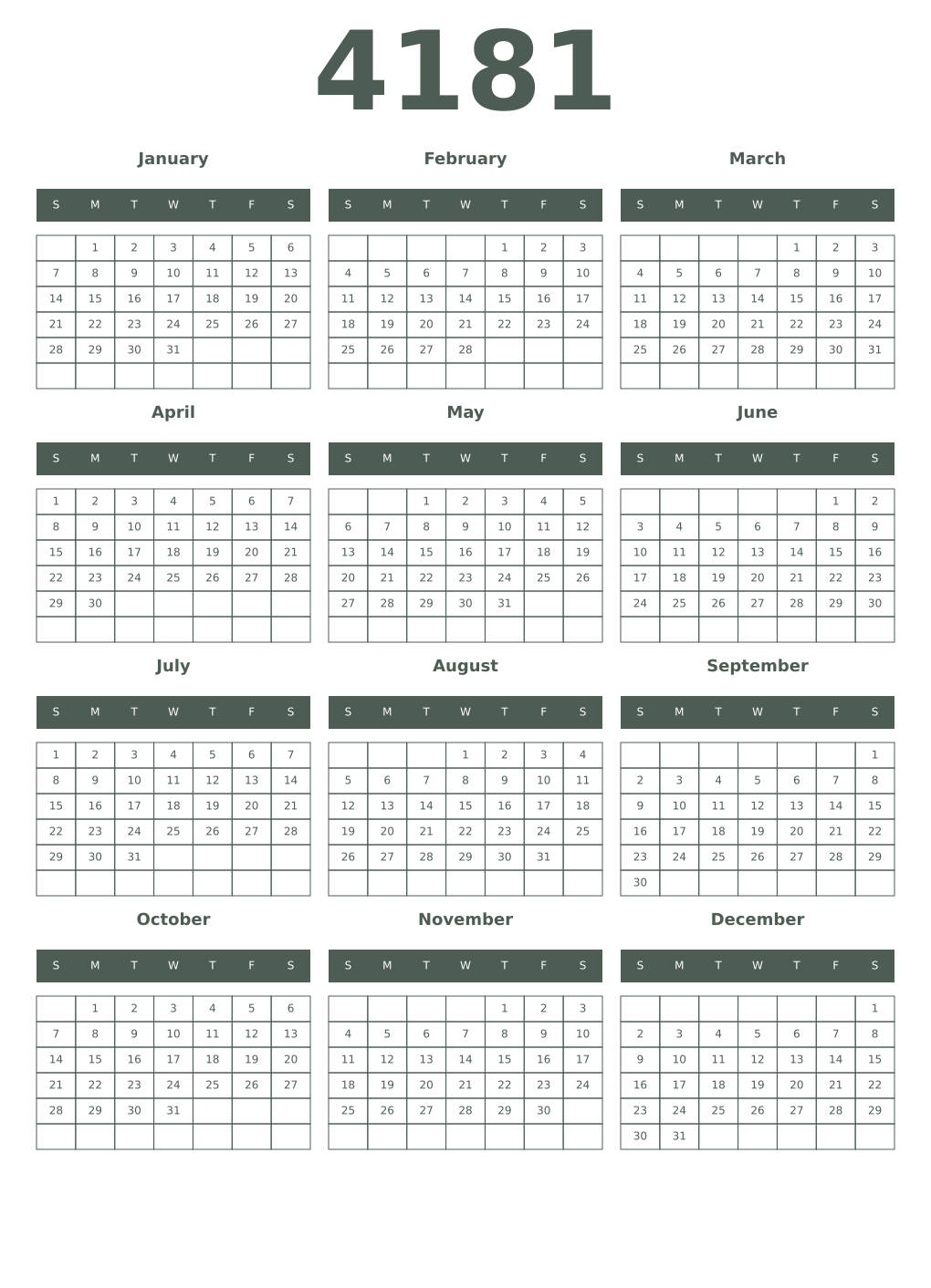 Printable 4181 Year Calendars feldgrau