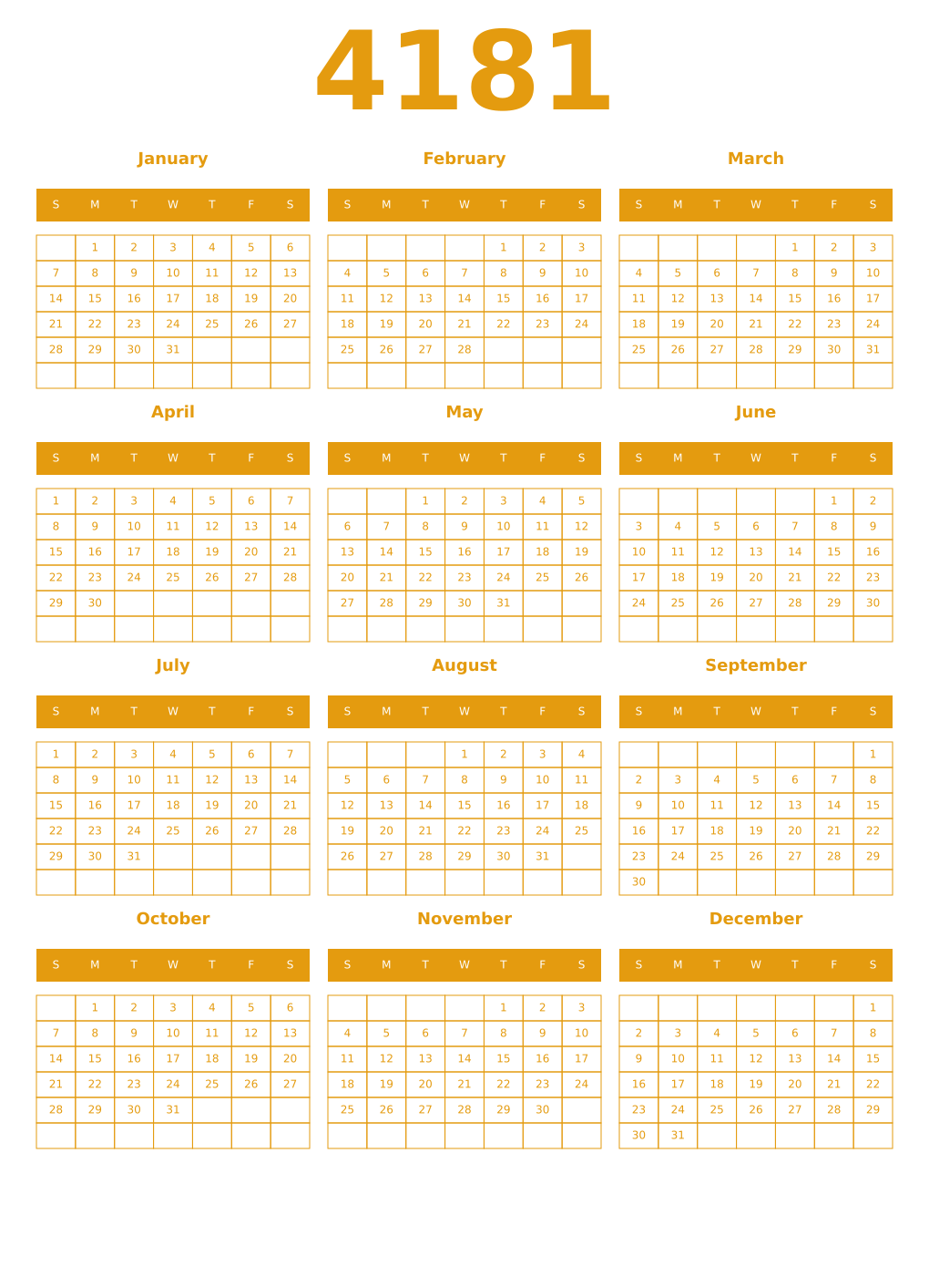 Printable 4181 Year Calendars gamboge