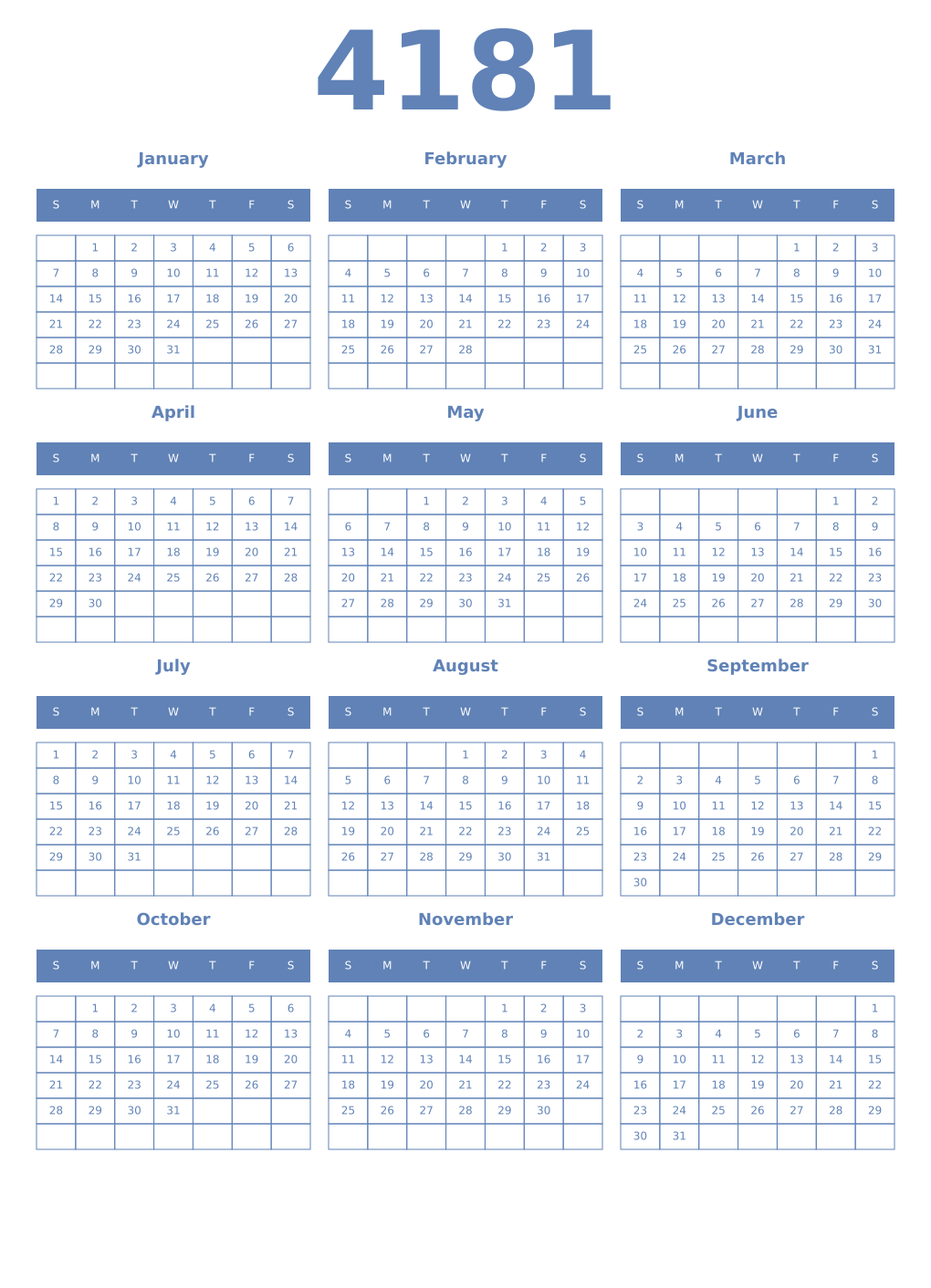 Printable 4181 Year Calendars glaucous