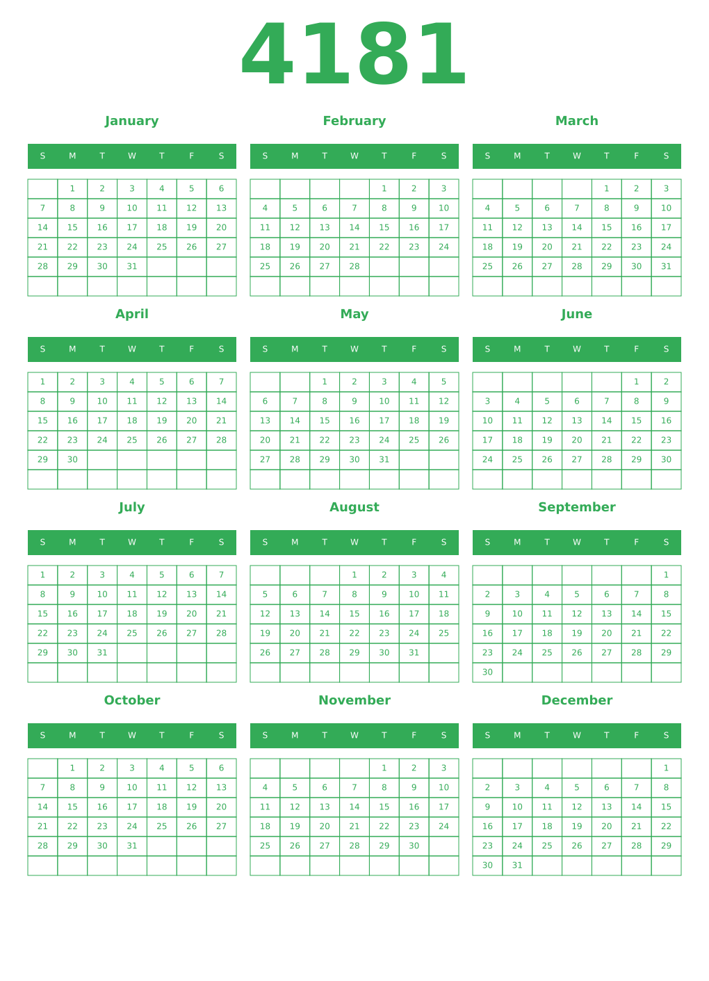 Printable 4181 Year Calendars green