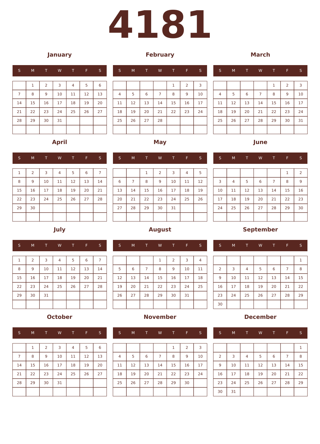 Printable 4181 Year Calendars mortuum
