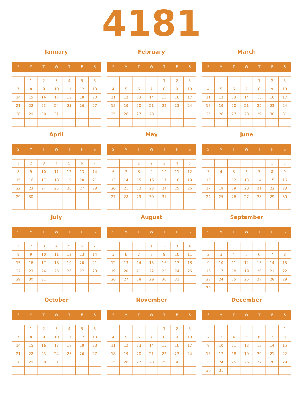 Printable 4181 Year Calendars orange