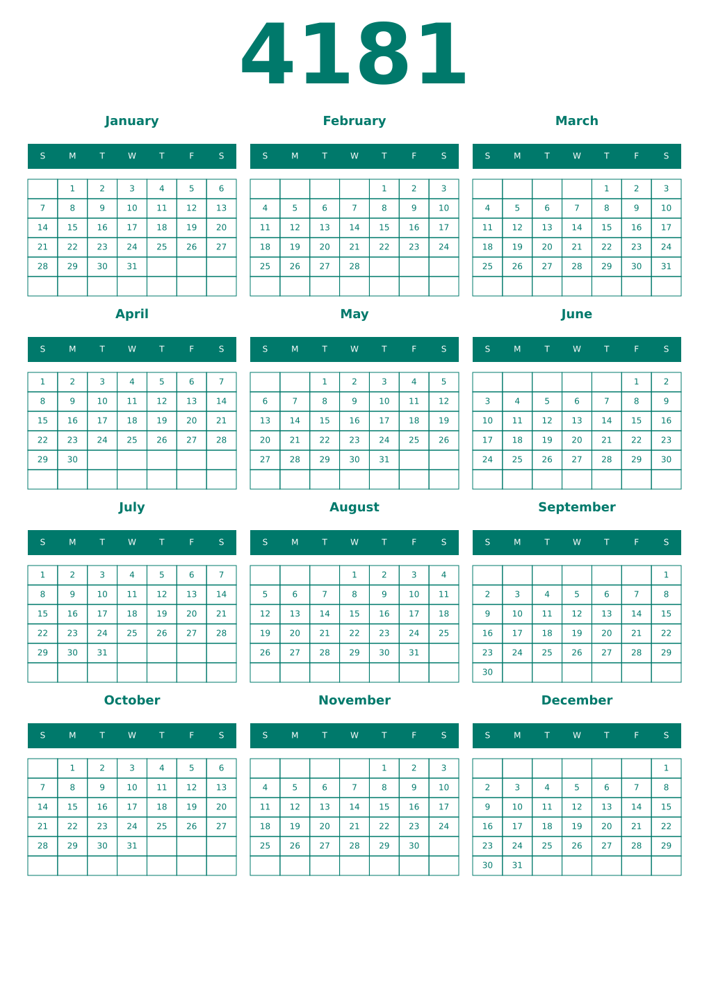 Printable 4181 Year Calendars pastel