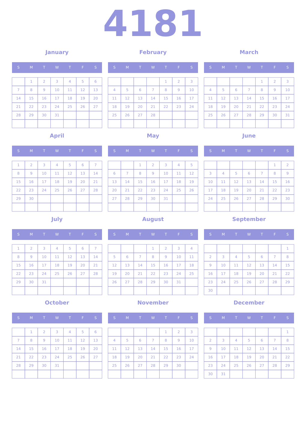 Printable 4181 Year Calendars periwinkle
