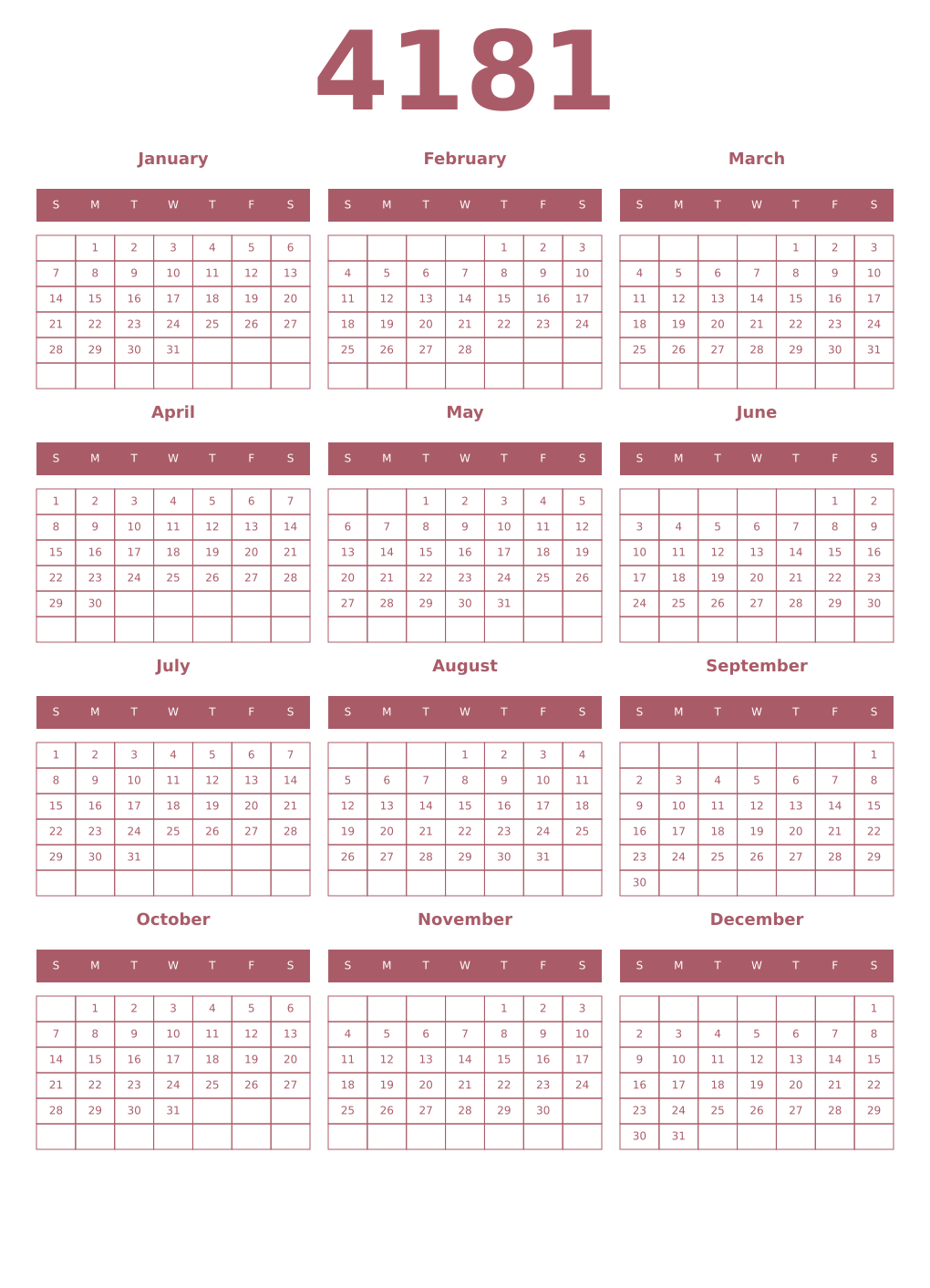 Printable 4181 Year Calendars puce