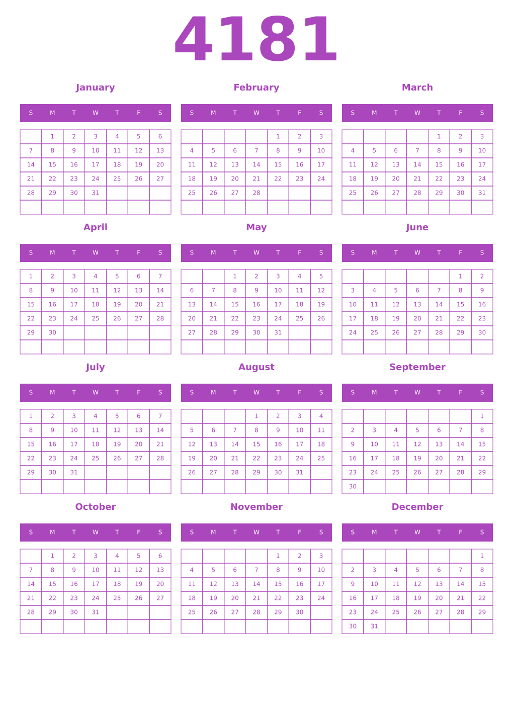 Printable 4181 Year Calendars purple