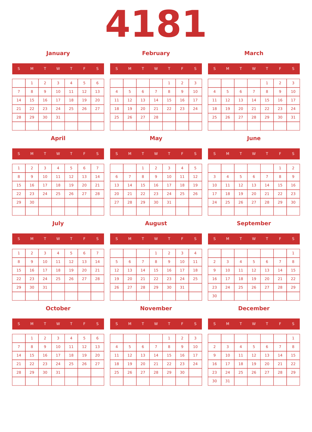 Printable 4181 Year Calendars red