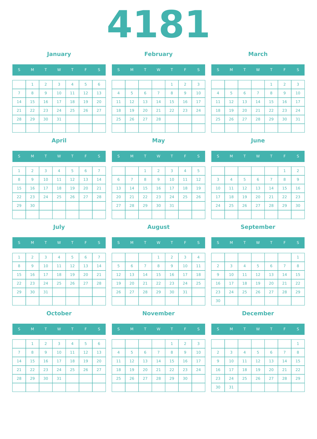 Printable 4181 Year Calendars verdigris