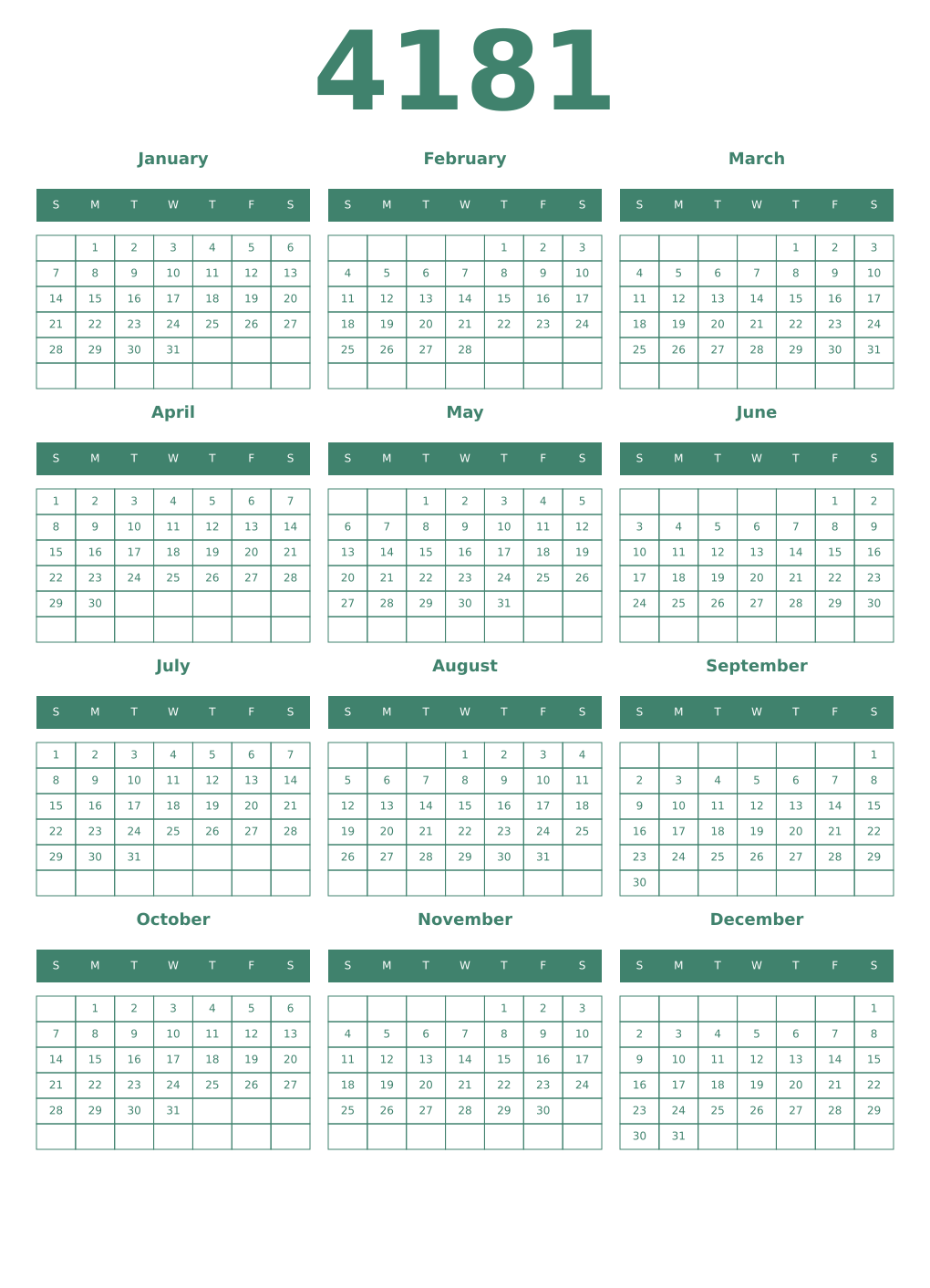 Printable 4181 Year Calendars viridian