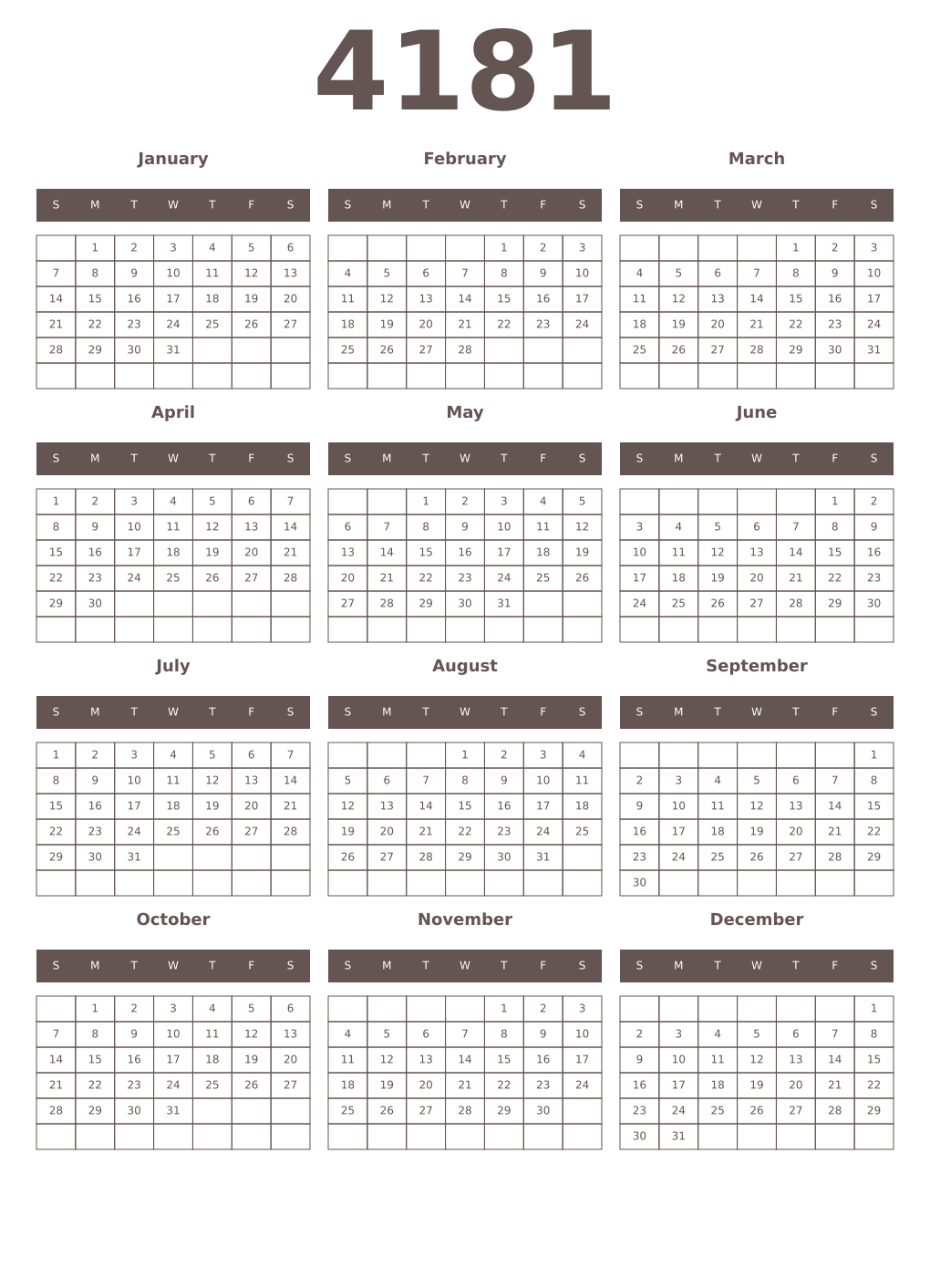 Printable 4181 Year Calendars wenge