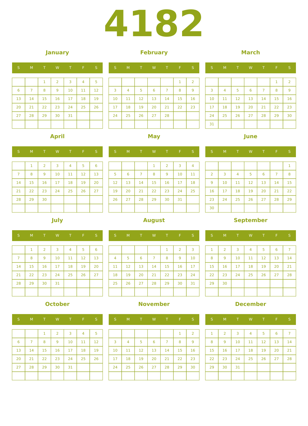 Printable 4182 Year Calendars chartreuse